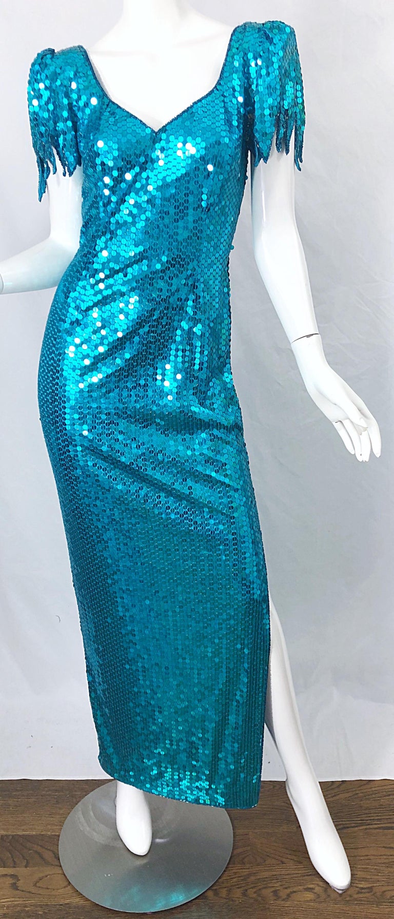 1980s Ted Lapidus Size 8 Turquoise Blue Avant Garde Sequined Vintage 80s Gown