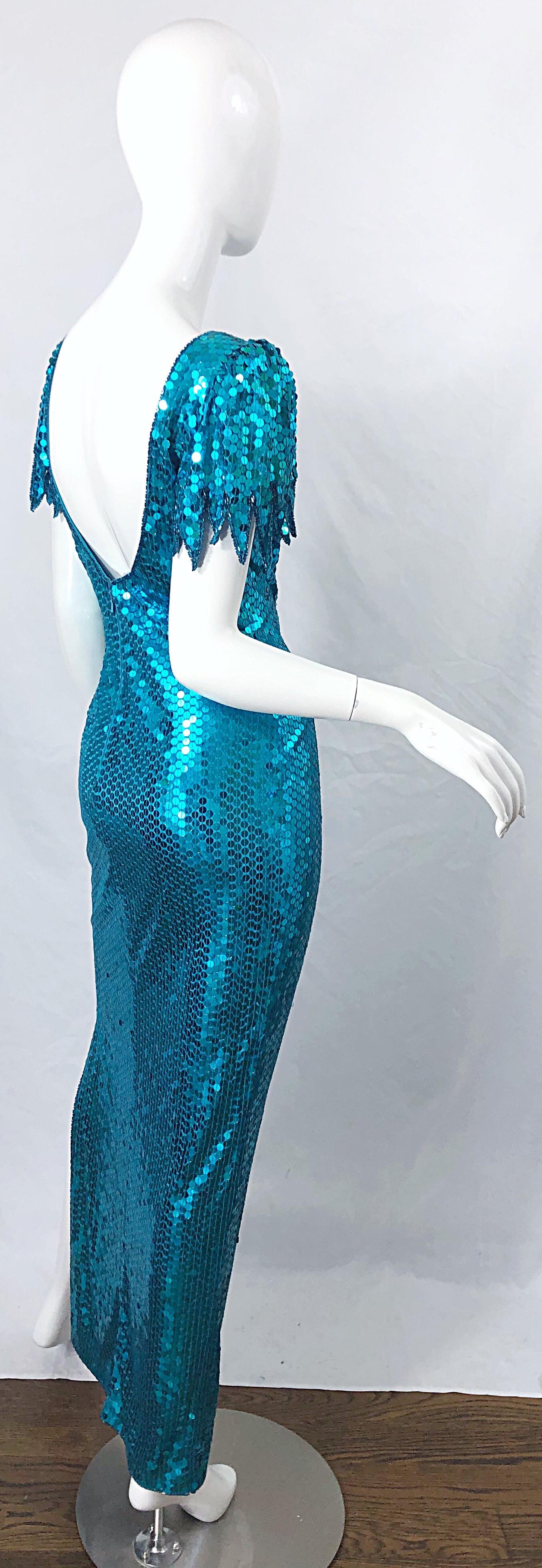 1980s Ted Lapidus Size 8 Turquoise Blue Avant Garde Sequined Vintage 80s Gown  For Sale 4