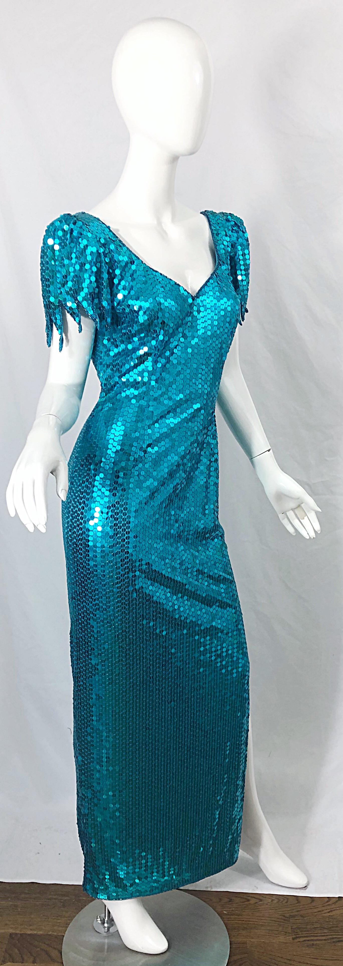 1980s Ted Lapidus Size 8 Turquoise Blue Avant Garde Sequined Vintage 80s Gown  For Sale 5