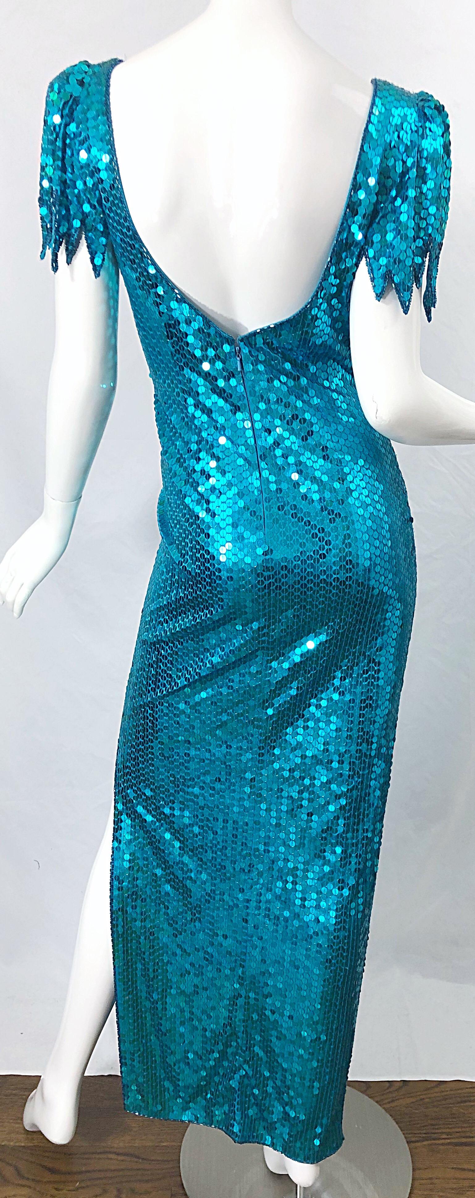 1980s Ted Lapidus Size 8 Turquoise Blue Avant Garde Sequined Vintage 80s Gown  For Sale 6