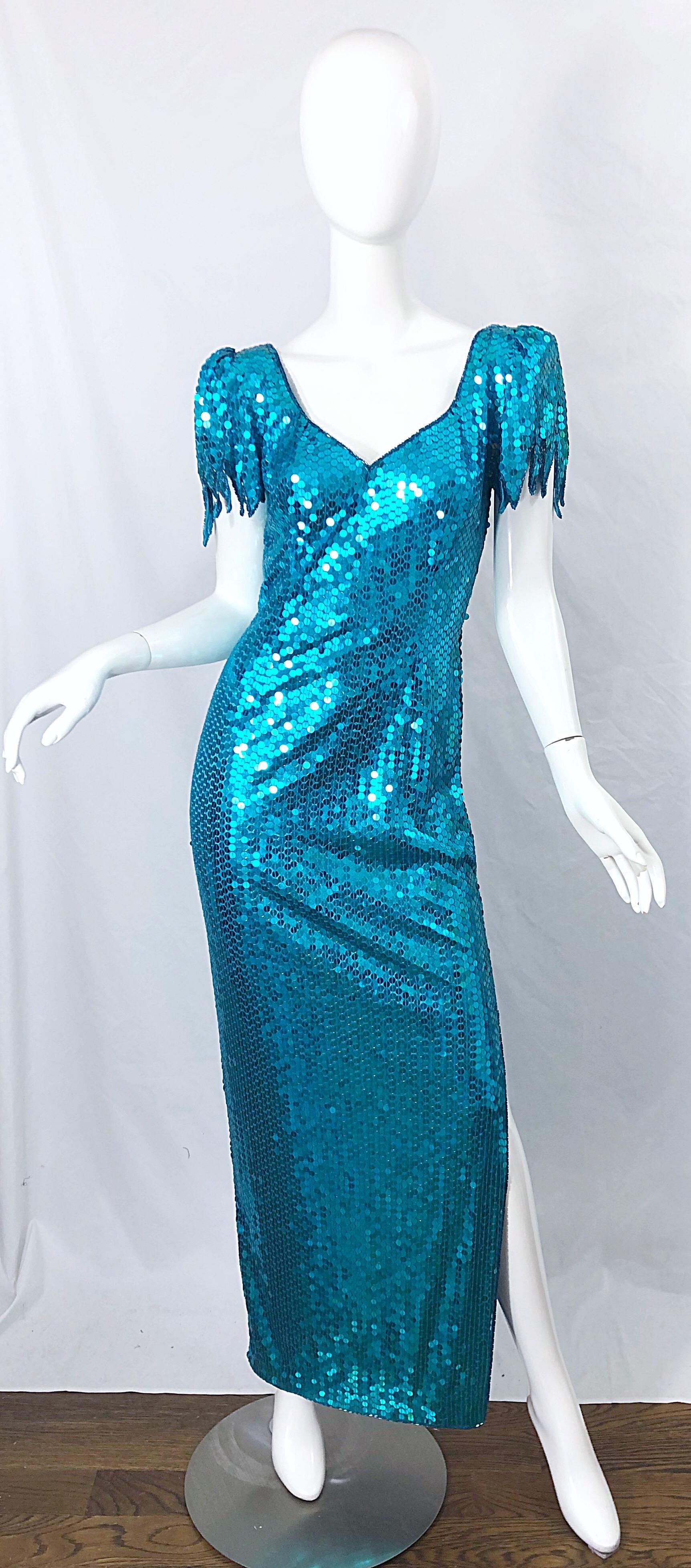 1980s Ted Lapidus Size 8 Turquoise Blue Avant Garde Sequined Vintage 80s Gown  For Sale 7