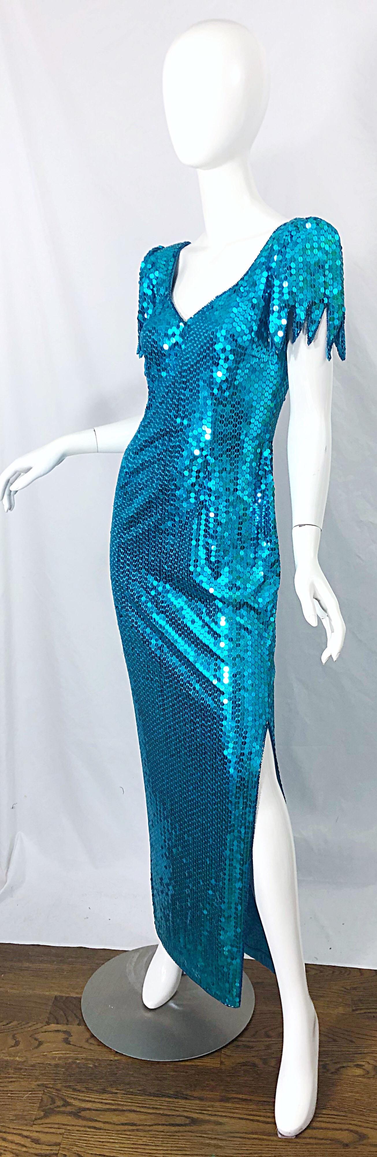 1980s Ted Lapidus Size 8 Turquoise Blue Avant Garde Sequined Vintage 80s Gown  In Excellent Condition For Sale In San Diego, CA