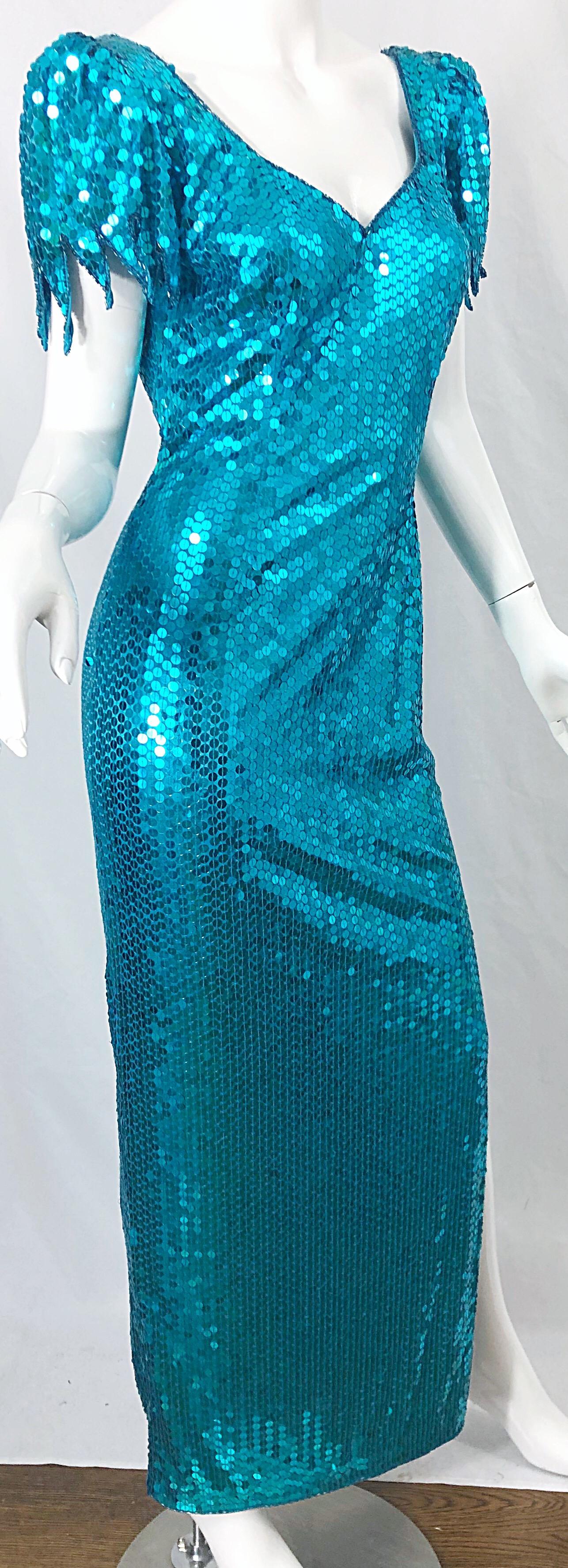 Women's 1980s Ted Lapidus Size 8 Turquoise Blue Avant Garde Sequined Vintage 80s Gown  For Sale