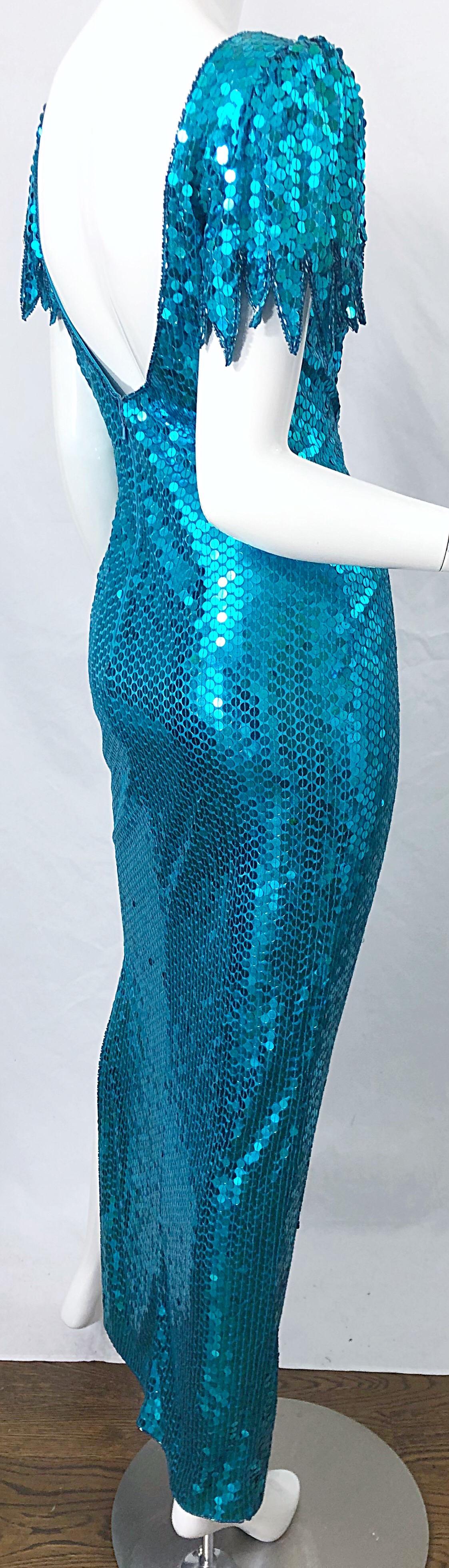 1980s Ted Lapidus Size 8 Turquoise Blue Avant Garde Sequined Vintage 80s Gown  For Sale 1