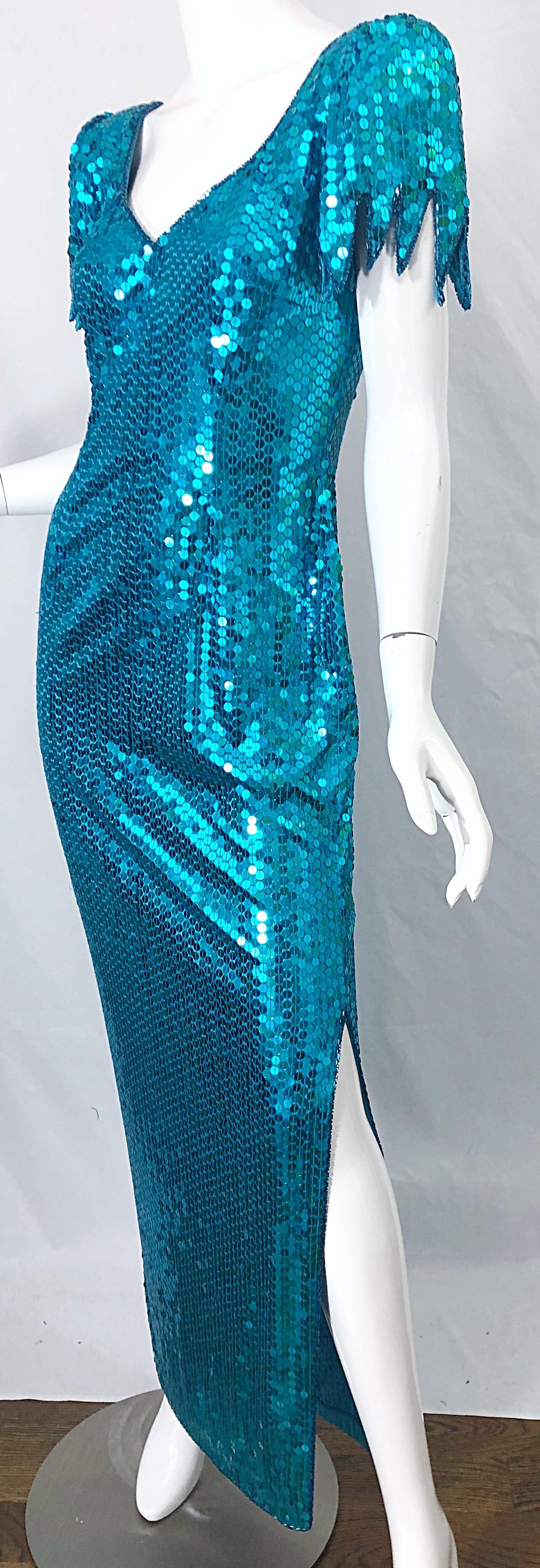 1980s Ted Lapidus Size 8 Turquoise Blue Avant Garde Sequined Vintage 80s Gown  For Sale 2