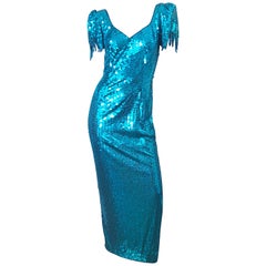1980s Ted Lapidus Size 8 Turquoise Blue Avant Garde Sequined Vintage 80s Gown 