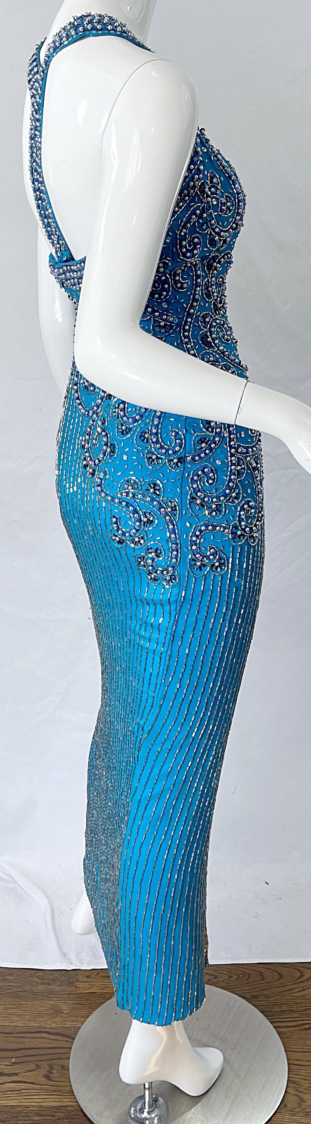 1980s Ted Lapidus Size 6 Turquoise Blue Silk Beaded Sequin Vintage 80s Gown For Sale 4