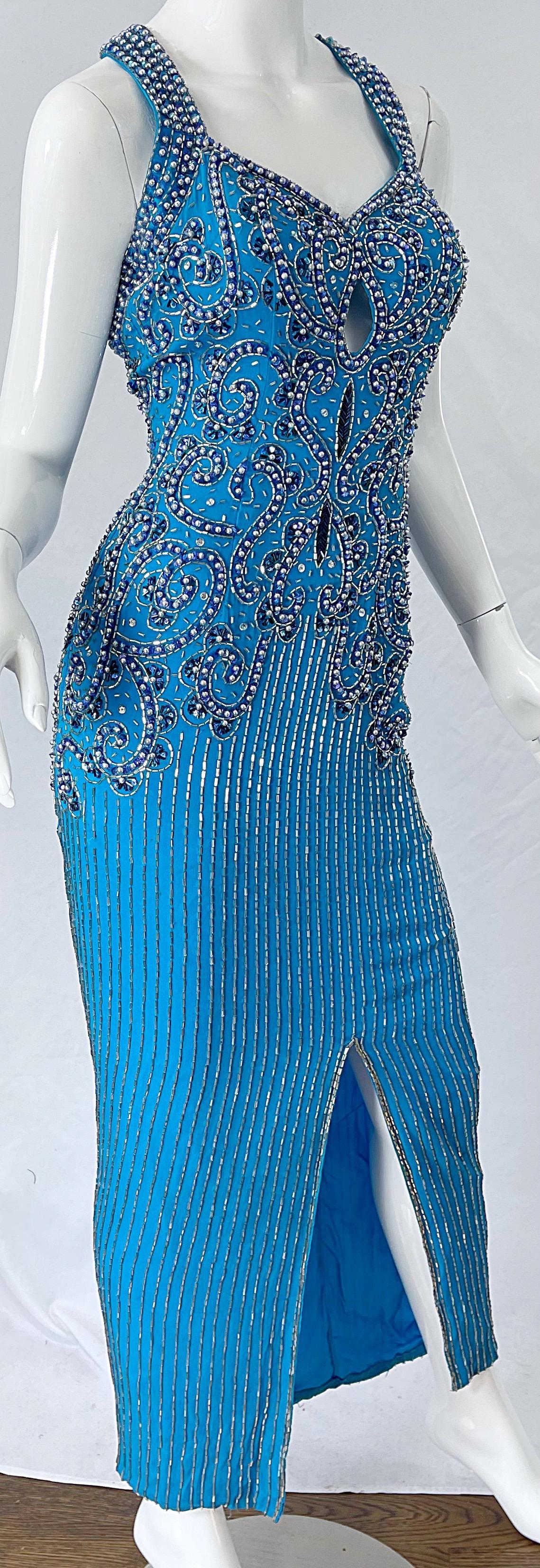 1990er Ted Lapidus Größe 6 Türkisblaues Vintage 90er Kleid aus Seide mit Perlen und Pailletten im Angebot 6