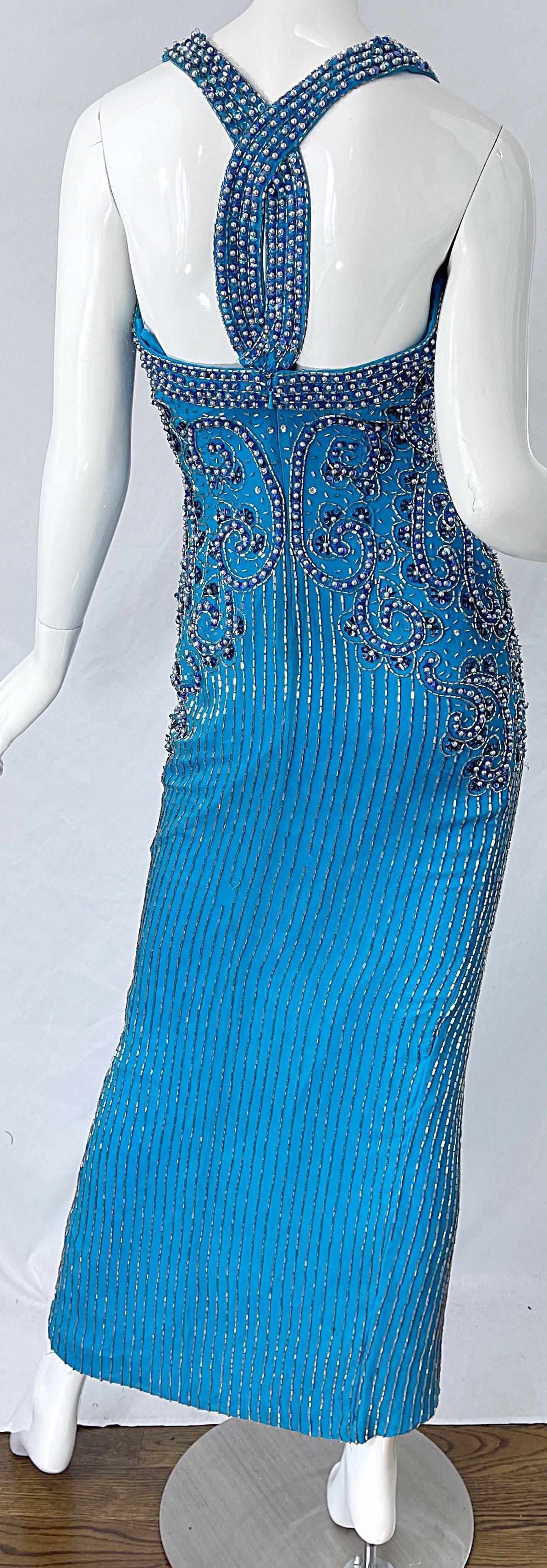 1980s Ted Lapidus Size 6 Turquoise Blue Silk Beaded Sequin Vintage 80s Gown For Sale 6