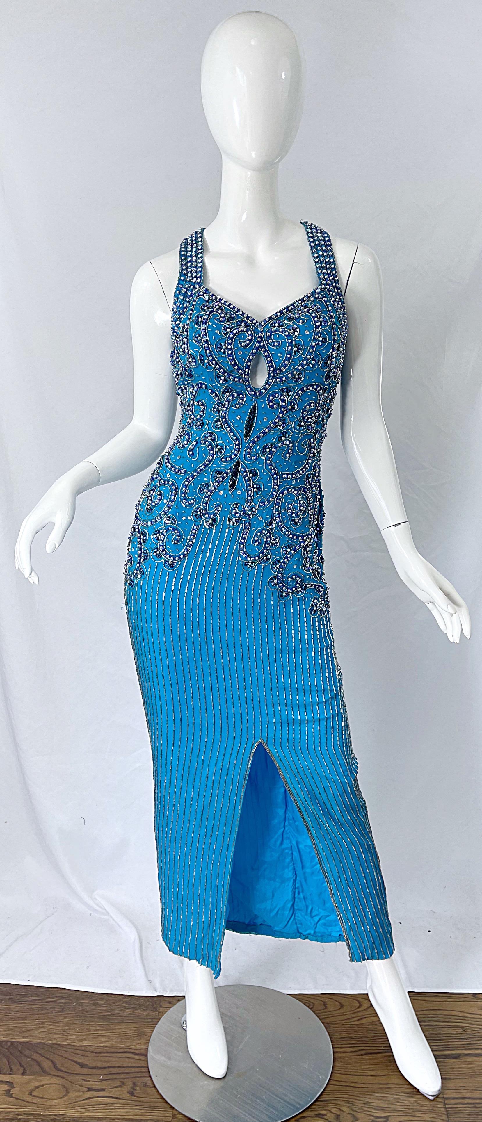 1990er Ted Lapidus Größe 6 Türkisblaues Vintage 90er Kleid aus Seide mit Perlen und Pailletten im Angebot 8