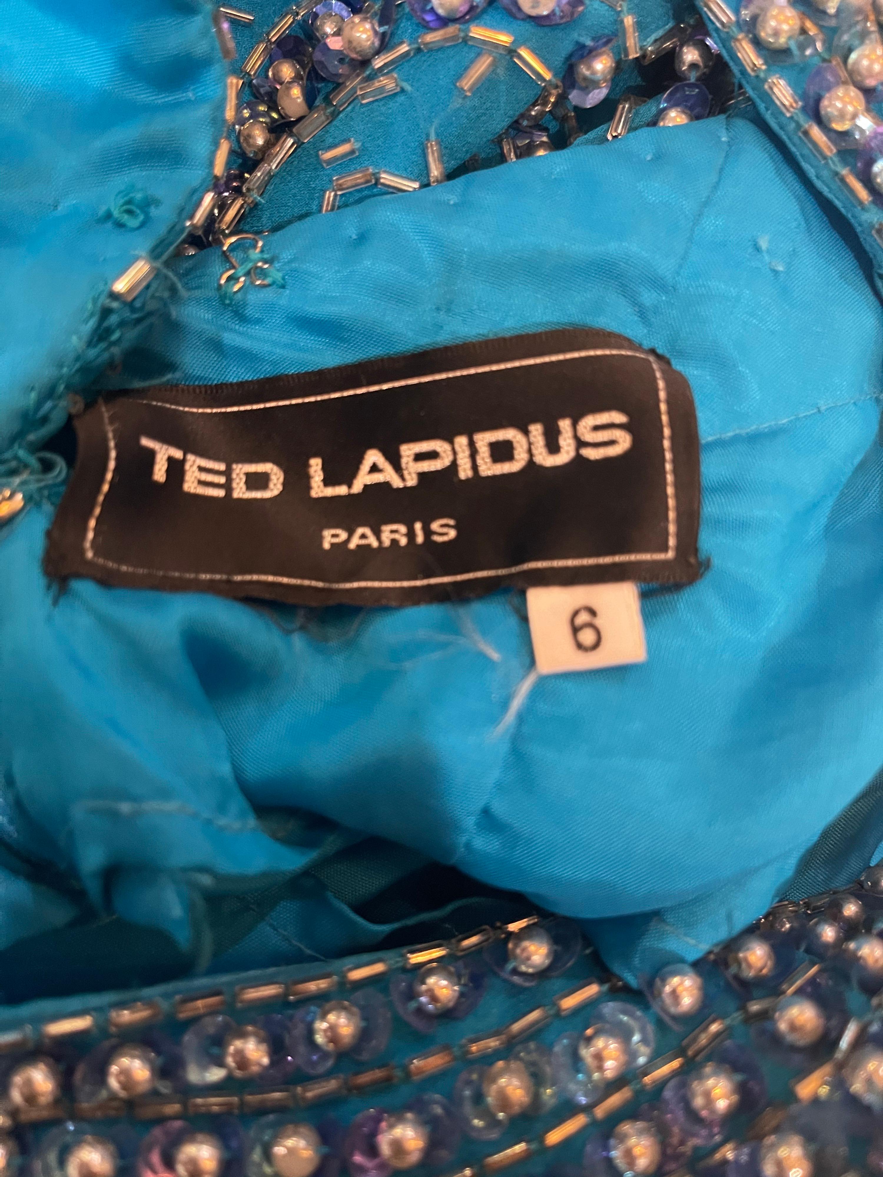 1990er Ted Lapidus Größe 6 Türkisblaues Vintage 90er Kleid aus Seide mit Perlen und Pailletten im Angebot 9