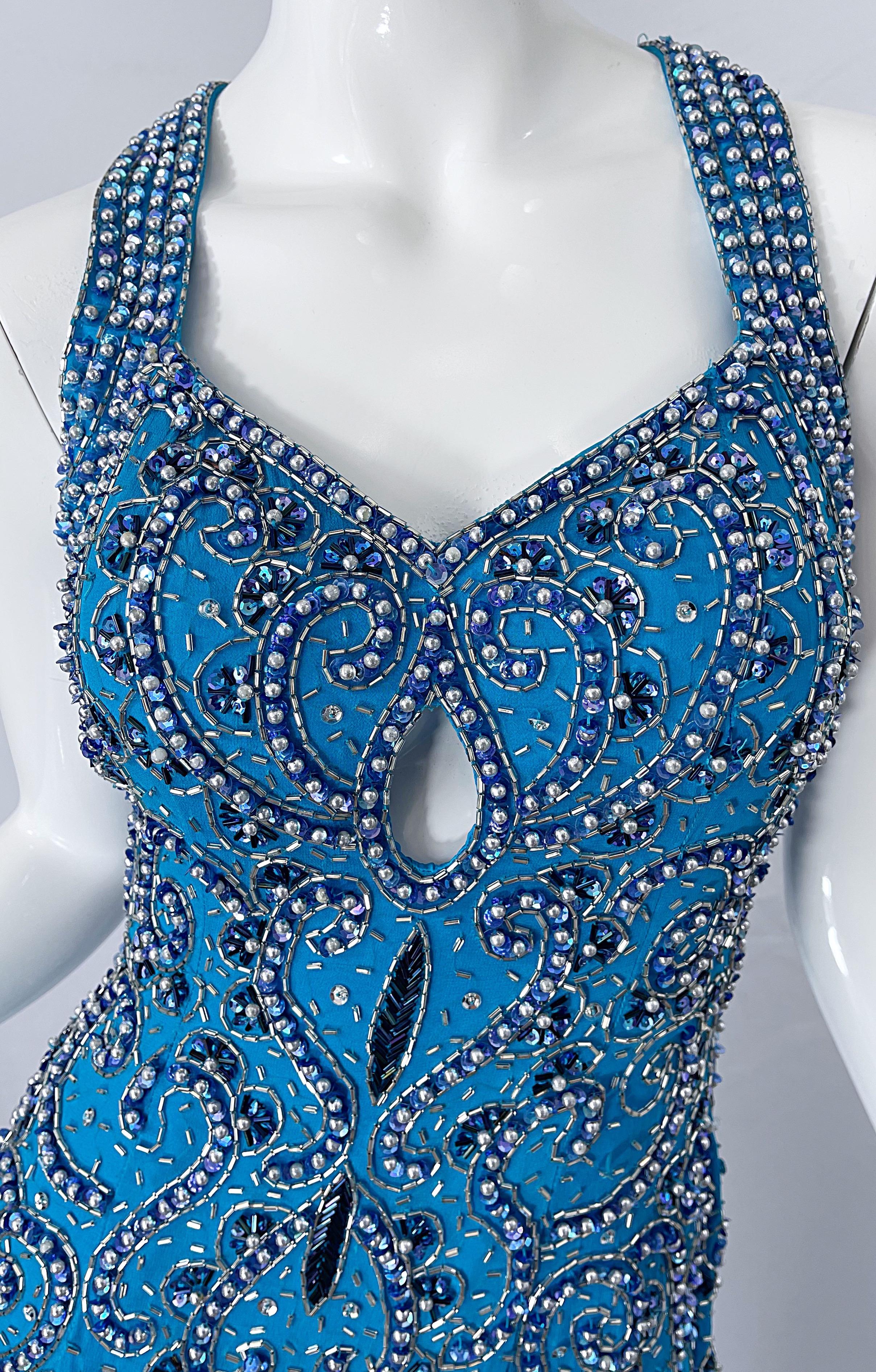 1990er Ted Lapidus Größe 6 Türkisblaues Vintage 90er Kleid aus Seide mit Perlen und Pailletten (Blau) im Angebot