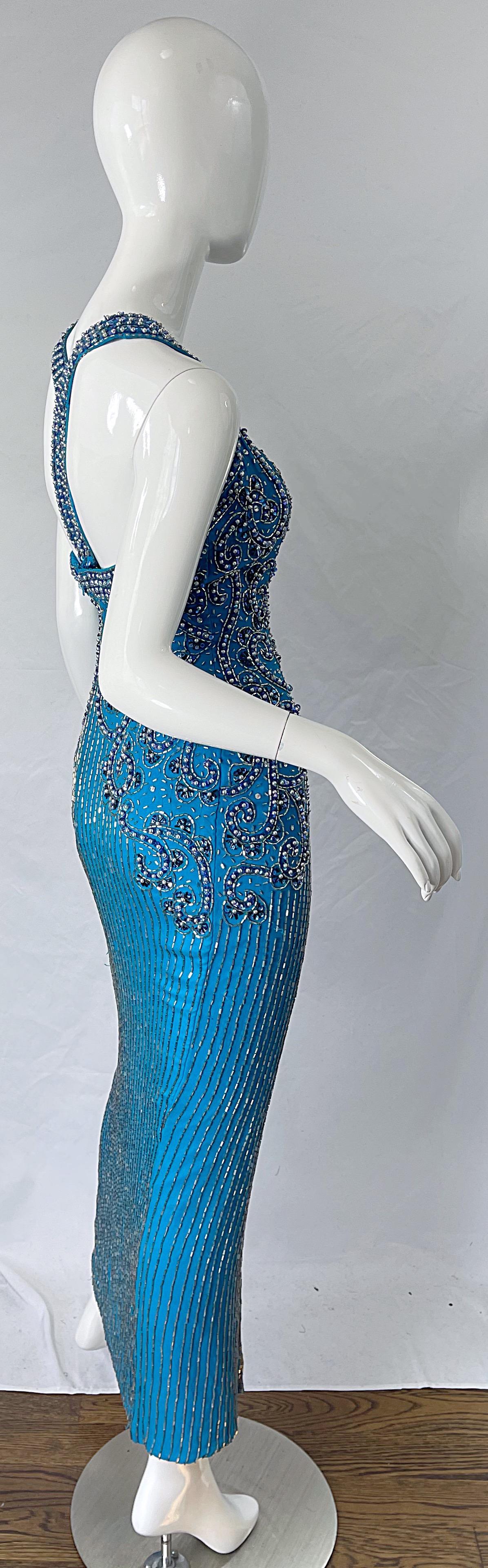 1990er Ted Lapidus Größe 6 Türkisblaues Vintage 90er Kleid aus Seide mit Perlen und Pailletten im Zustand „Hervorragend“ im Angebot in San Diego, CA