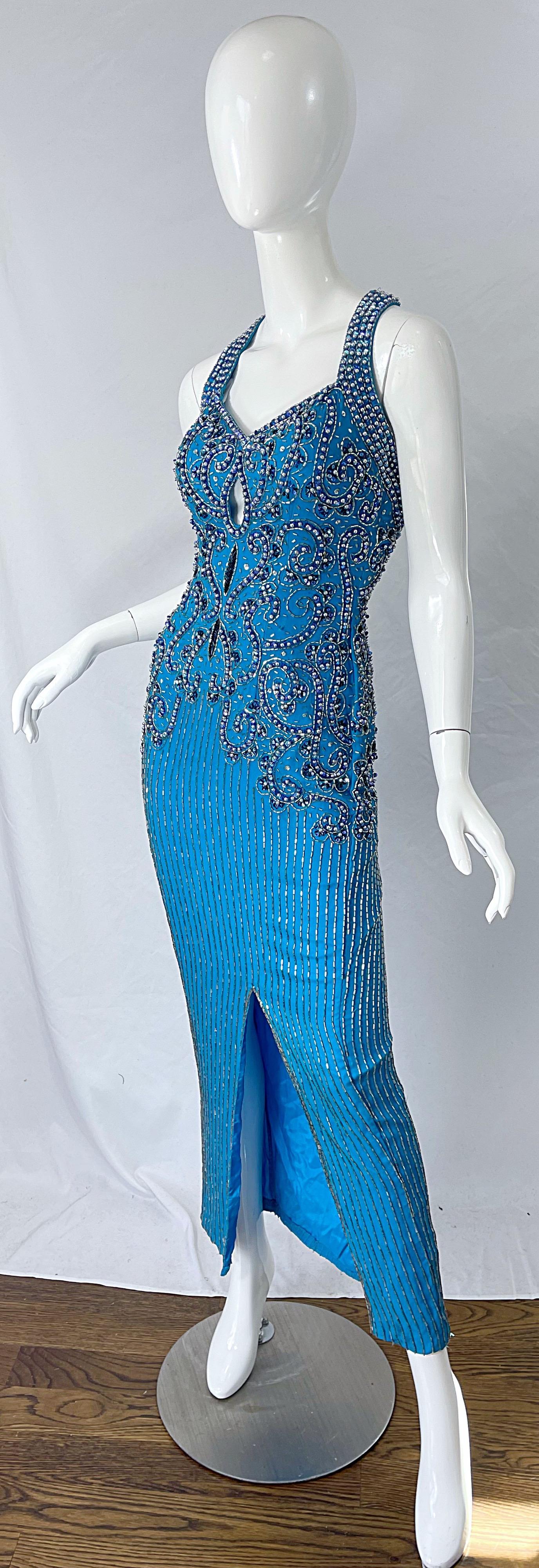 1980s Ted Lapidus Size 6 Turquoise Blue Silk Beaded Sequin Vintage 80s Gown In Excellent Condition For Sale In San Diego, CA