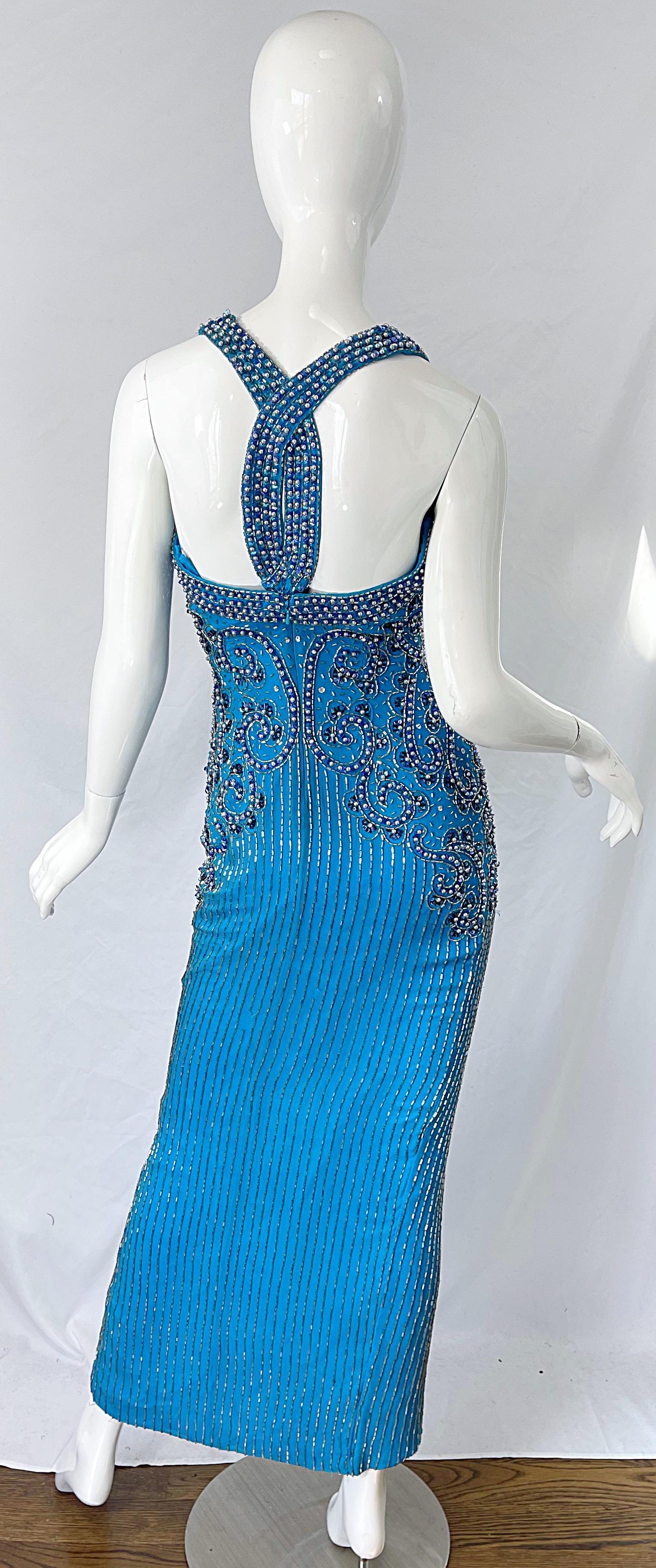 Women's 1980s Ted Lapidus Size 6 Turquoise Blue Silk Beaded Sequin Vintage 80s Gown For Sale