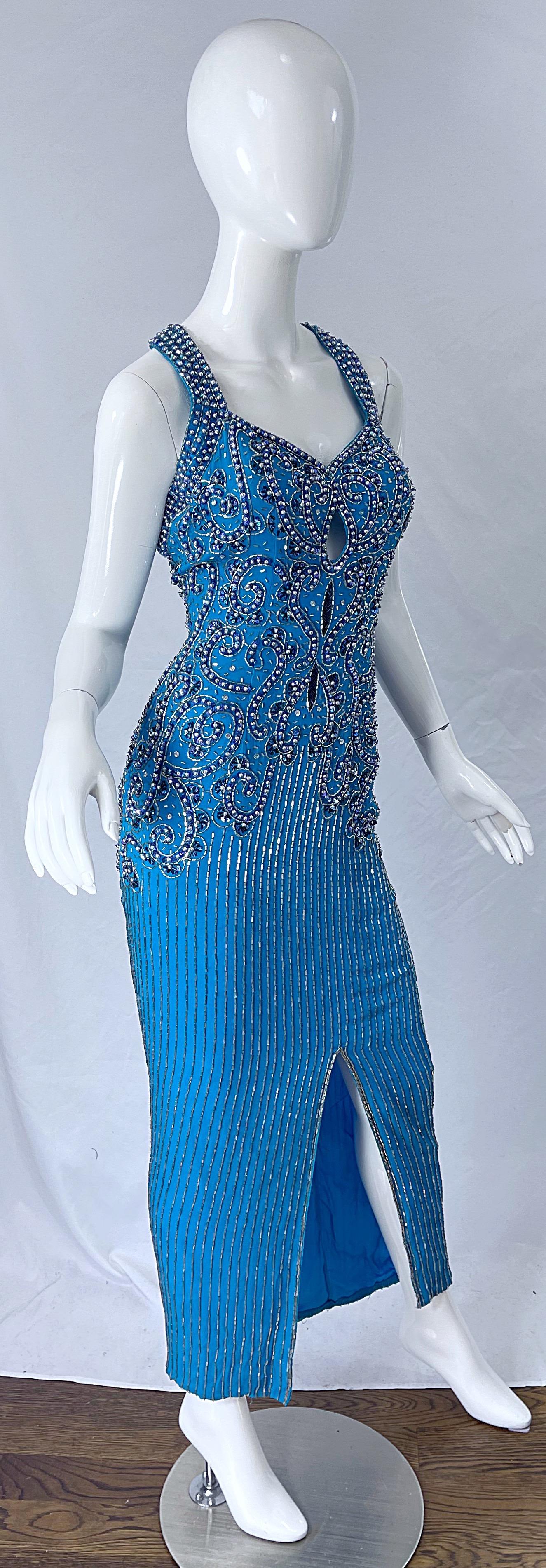 1980s Ted Lapidus Size 6 Turquoise Blue Silk Beaded Sequin Vintage 80s Gown For Sale 1