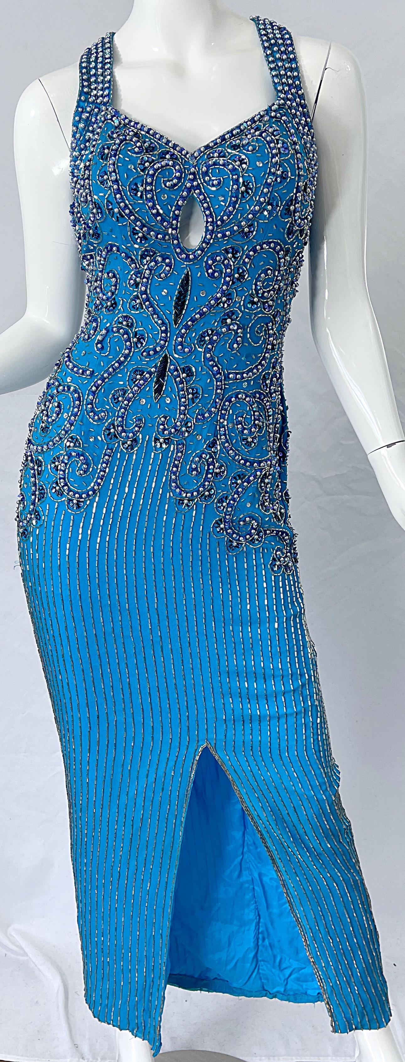 1980s Ted Lapidus Size 6 Turquoise Blue Silk Beaded Sequin Vintage 80s Gown For Sale 2