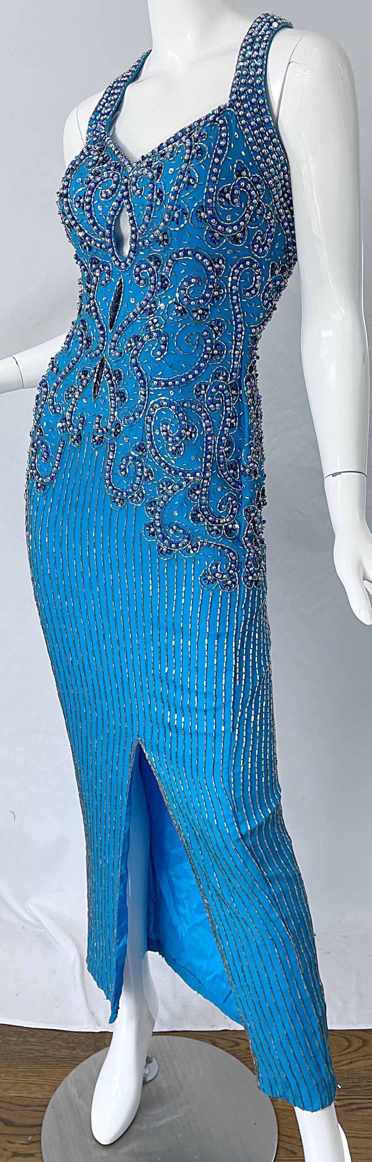 1980s Ted Lapidus Size 6 Turquoise Blue Silk Beaded Sequin Vintage 80s Gown For Sale 3