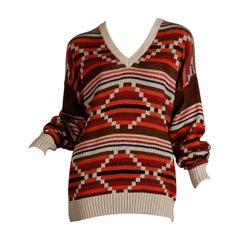 1980er Ted Lapidus Vintage Oversized Knit Geometric V-Neck Sweater oder Pullover