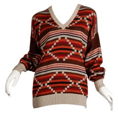 1980s Ted Lapidus Vintage Oversized Knit Geometric V-Neck Sweater or Jumper