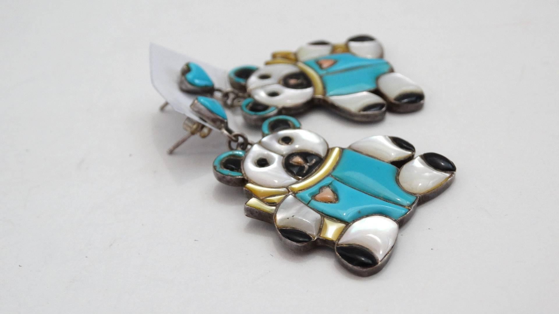 1980s Teddy Bear Zuni Turquoise Silver Earrings In Excellent Condition For Sale In Scottsdale, AZ