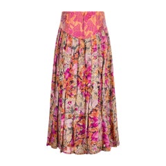 1980s Terence Nolder Pink Orange Lame Patterned Pleated Midi Skirt