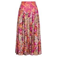1980s Terence Nolder Pink Orange Lame Patterned Pleated Midi Skirt