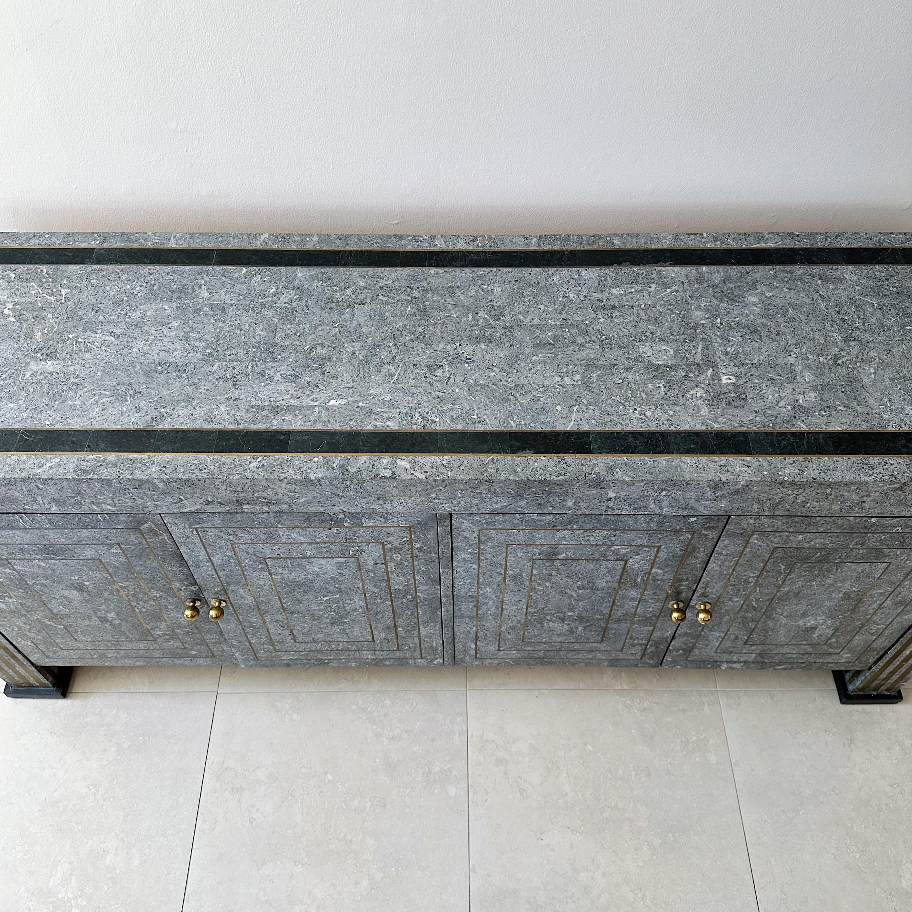 American 1980s Tessellated Gray Marble Four Door Credenza Sideboard