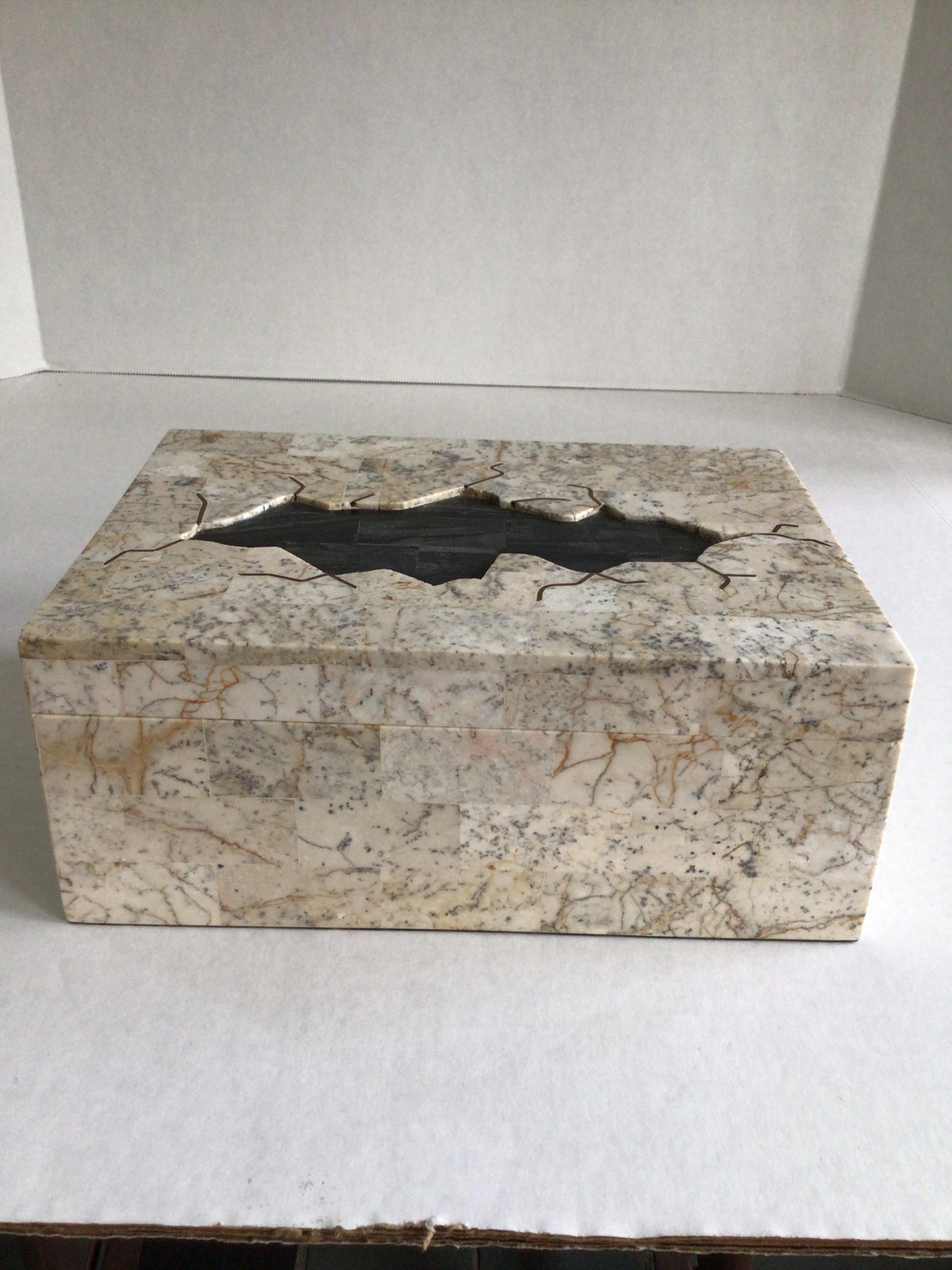 1980s Tessellated Stone Box with Black Tessellated Stone Inset
Interior covered in velvet/fabric

