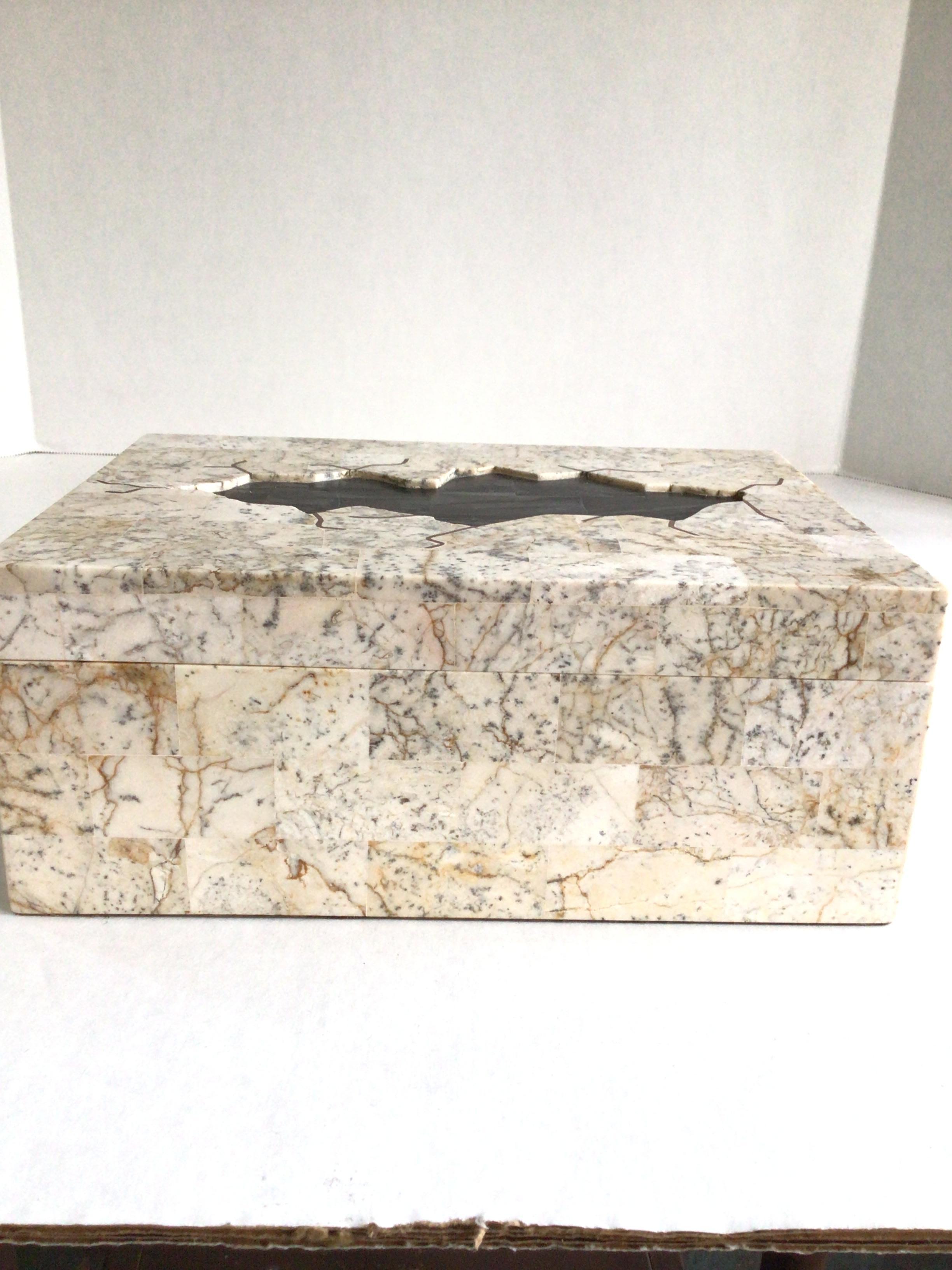 Stoneware 1980s Tessellated Stone Box with Black Tessellated Stone Inset For Sale