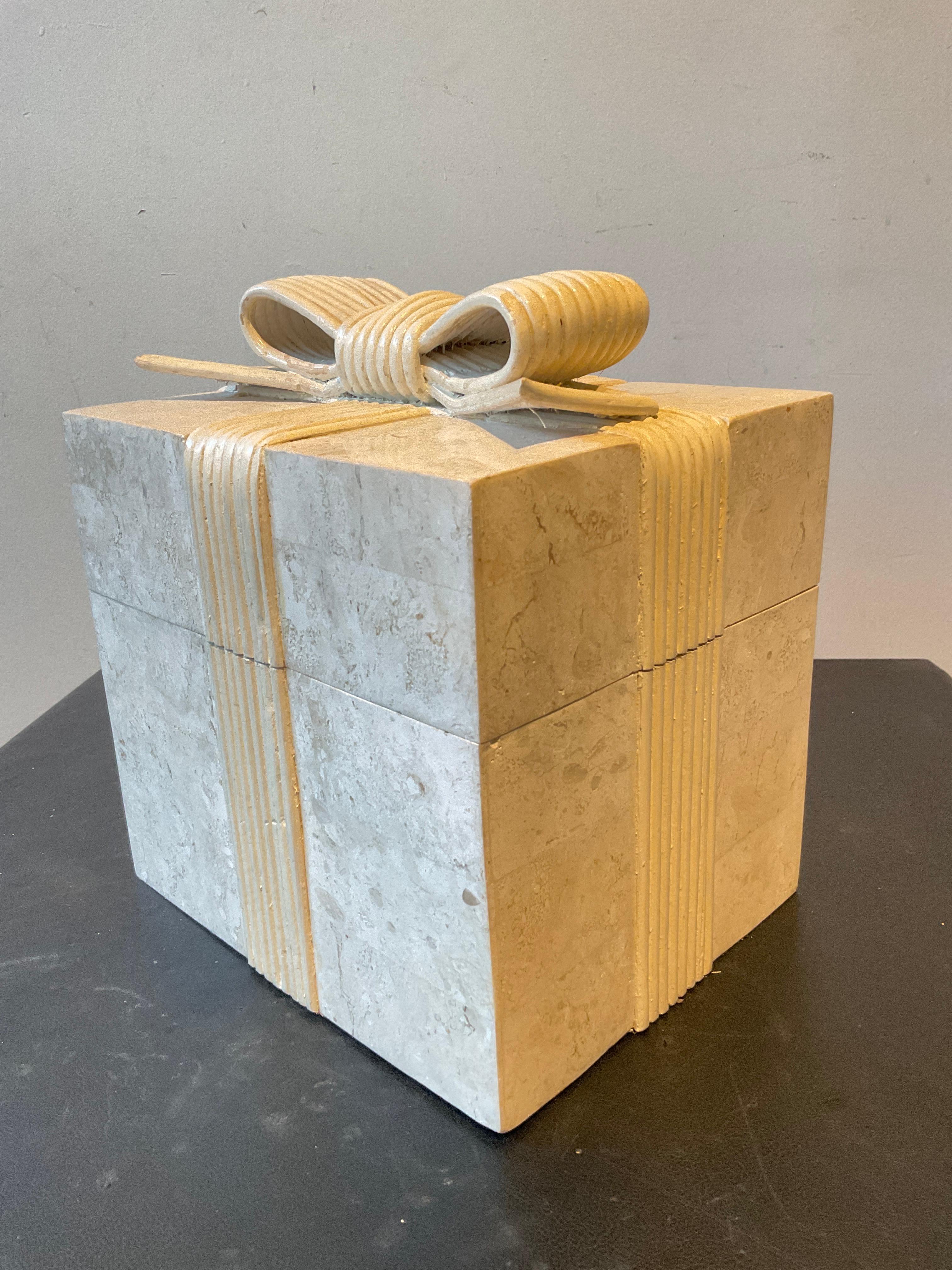 Late 20th Century 1980s Tessellated Stone Box With Wood Ribbon For Sale