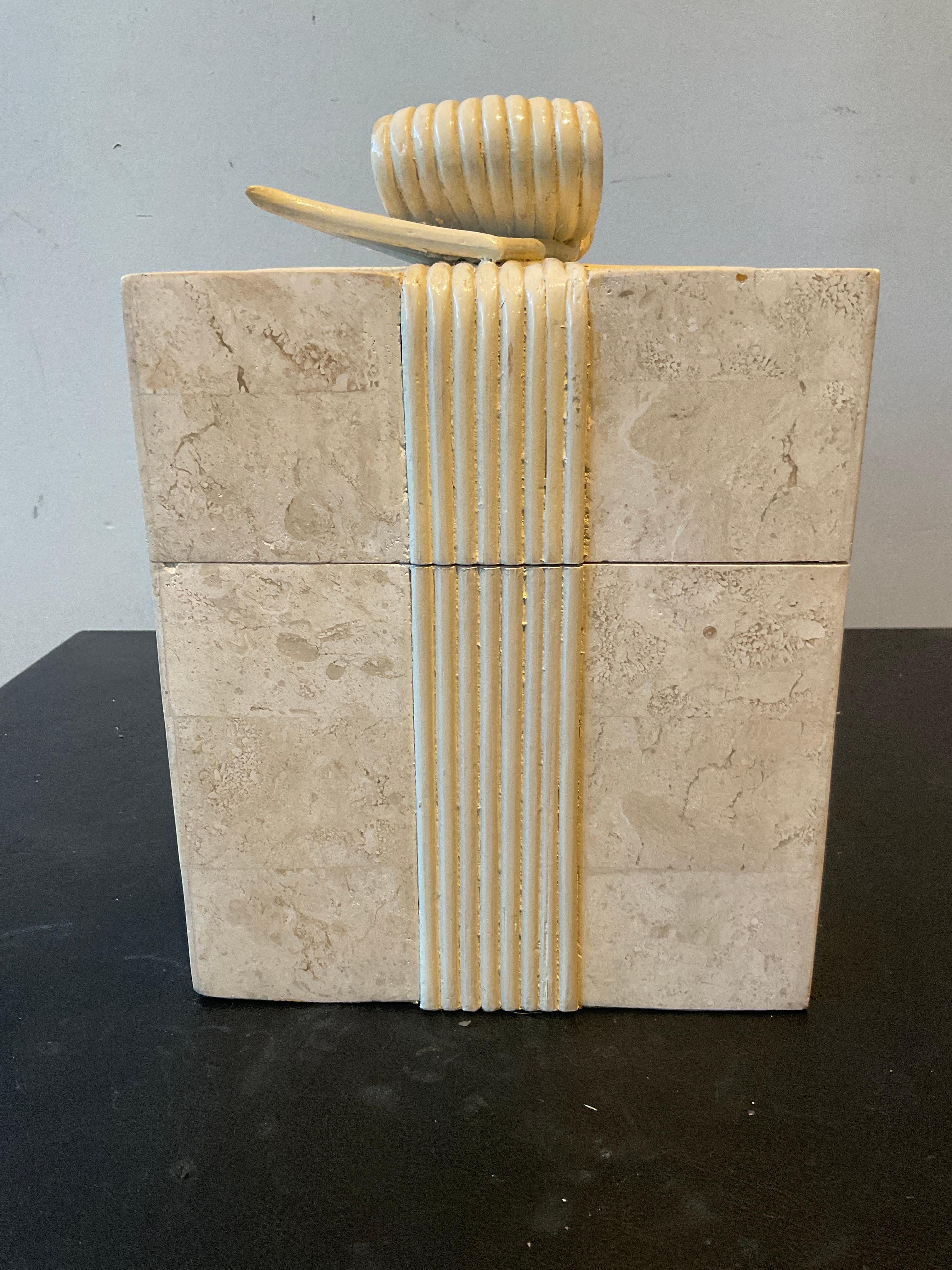 1980s Tessellated Stone Box With Wood Ribbon For Sale 1