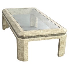 1980s Tessellated Stone Marquetry, Glass and Brass Rectangular Coffee Table