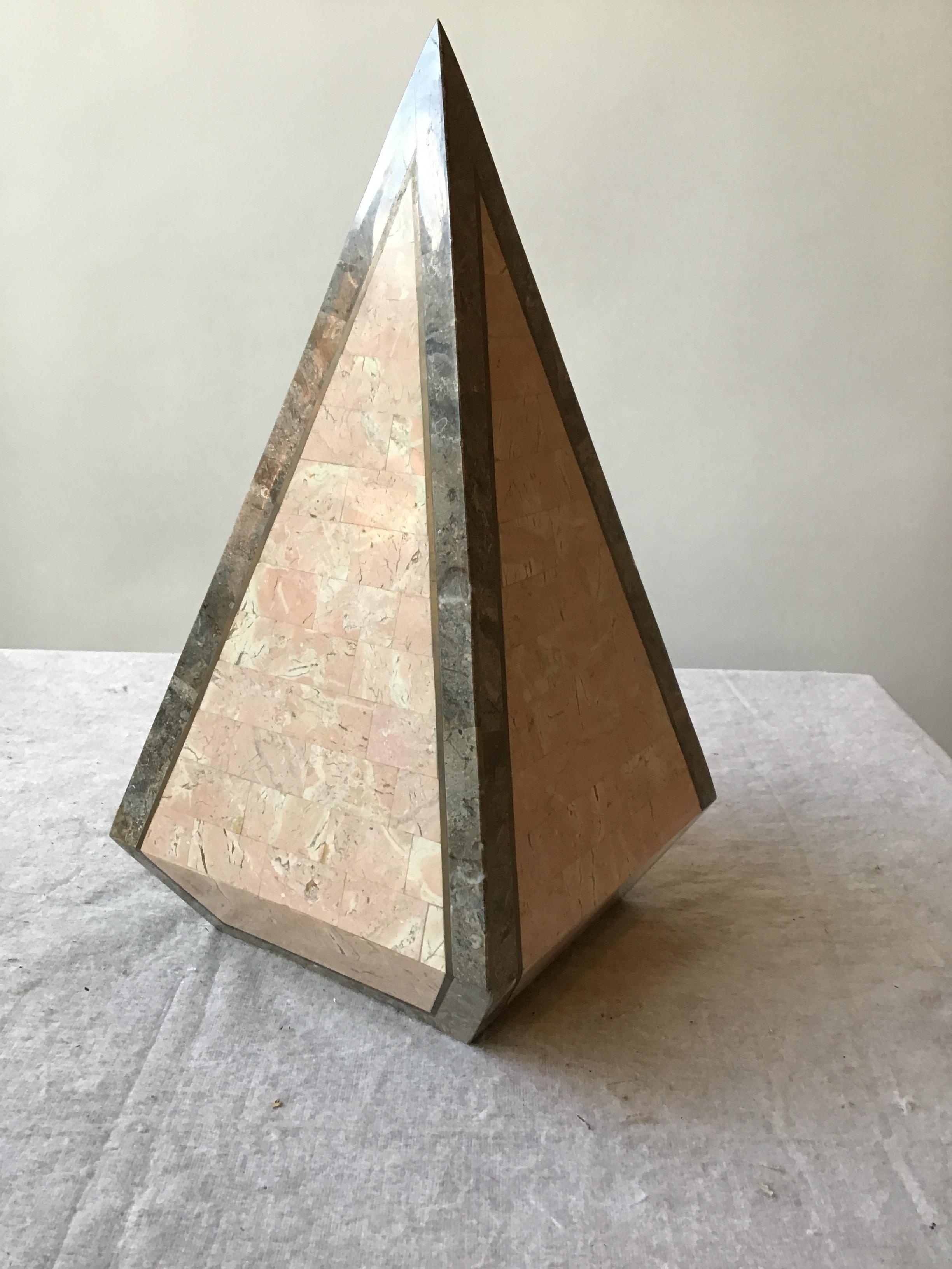 1980s tessellated stone obelisk with brass inlay.