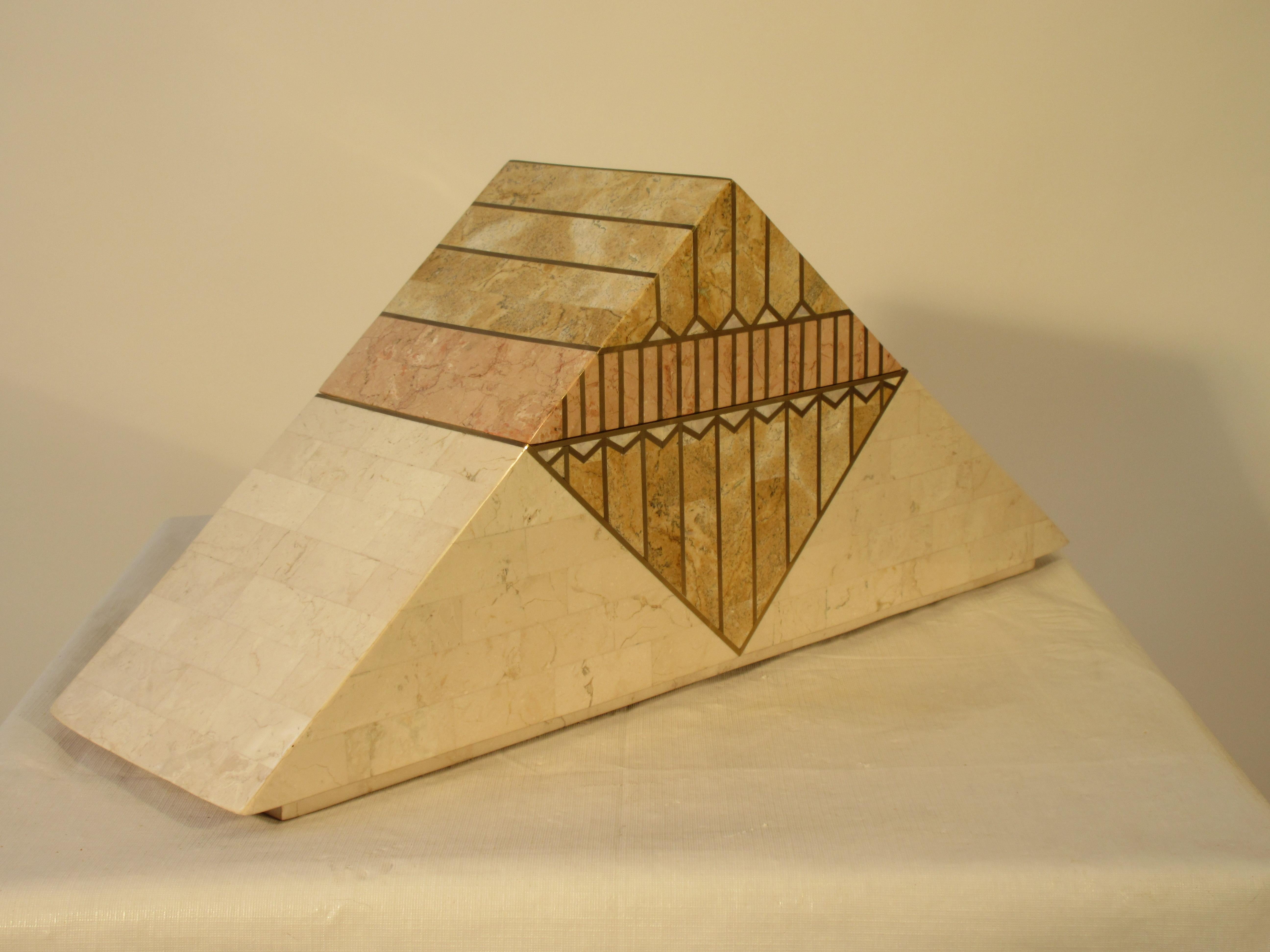 1980s tessellated stone with brass inlay pyramid shaped box.
