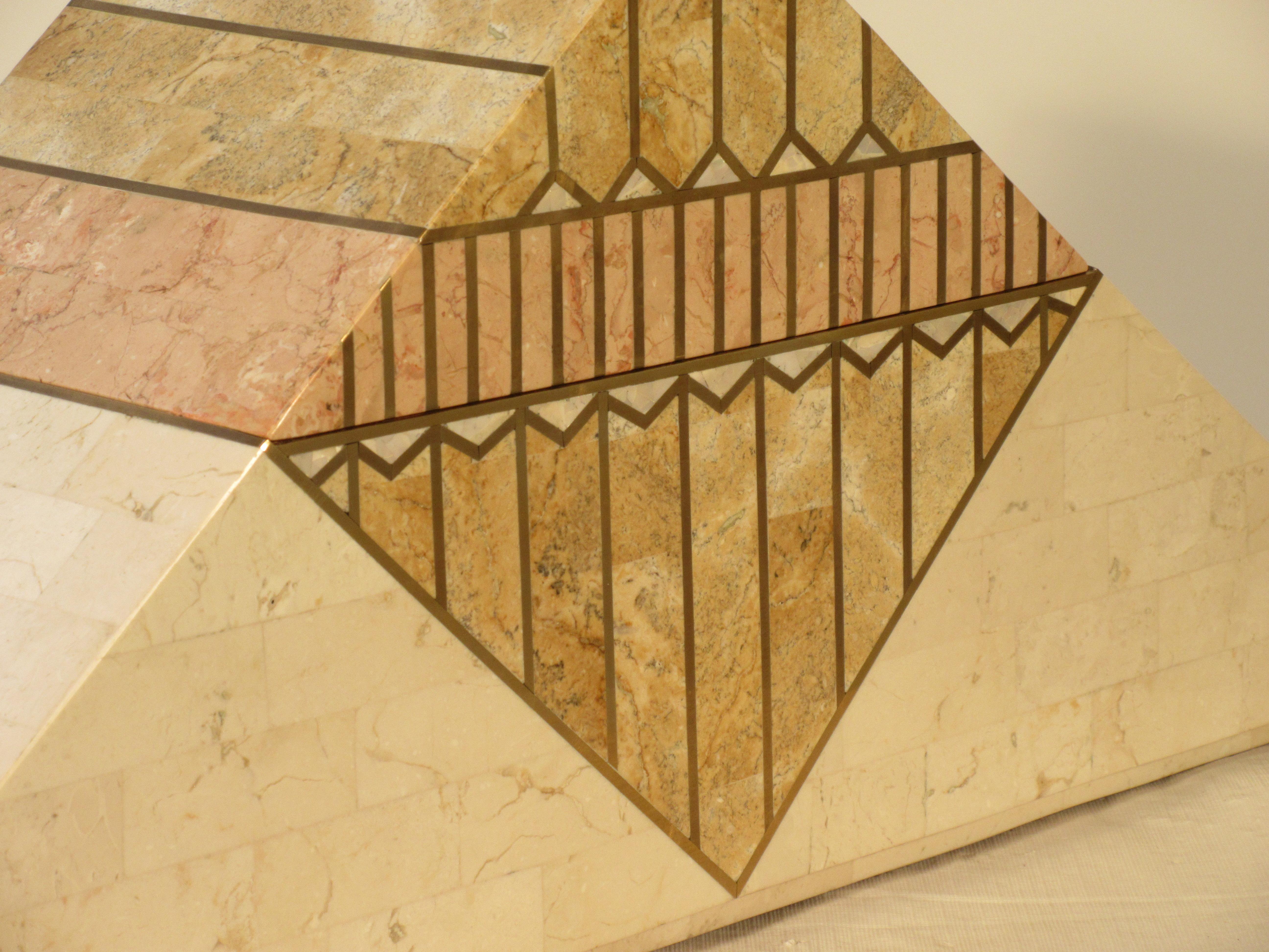 Late 20th Century 1980s Tessellated Stone With Brass Inlay Pyramid Shaped Box For Sale