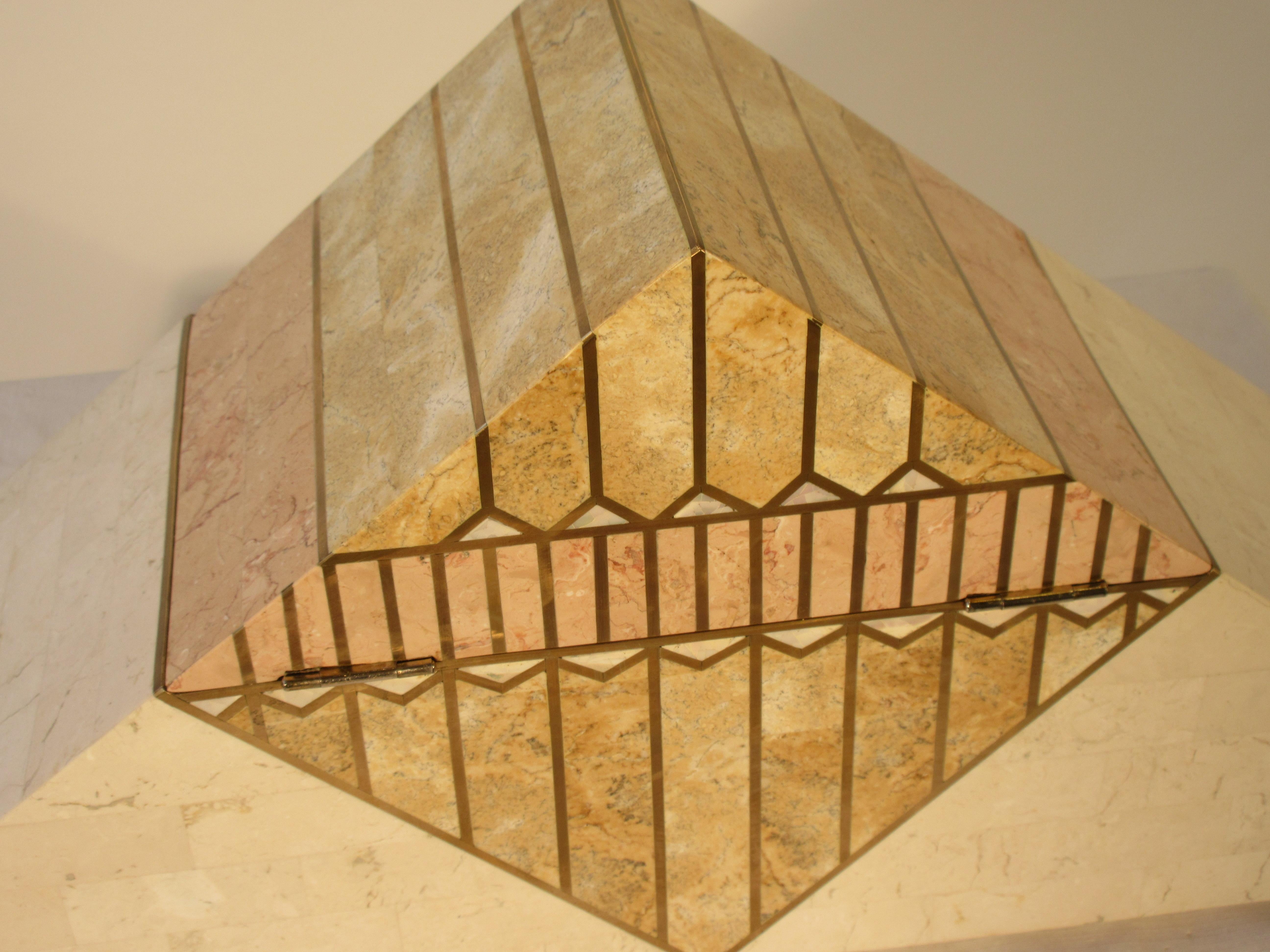 1980s Tessellated Stone With Brass Inlay Pyramid Shaped Box For Sale 2