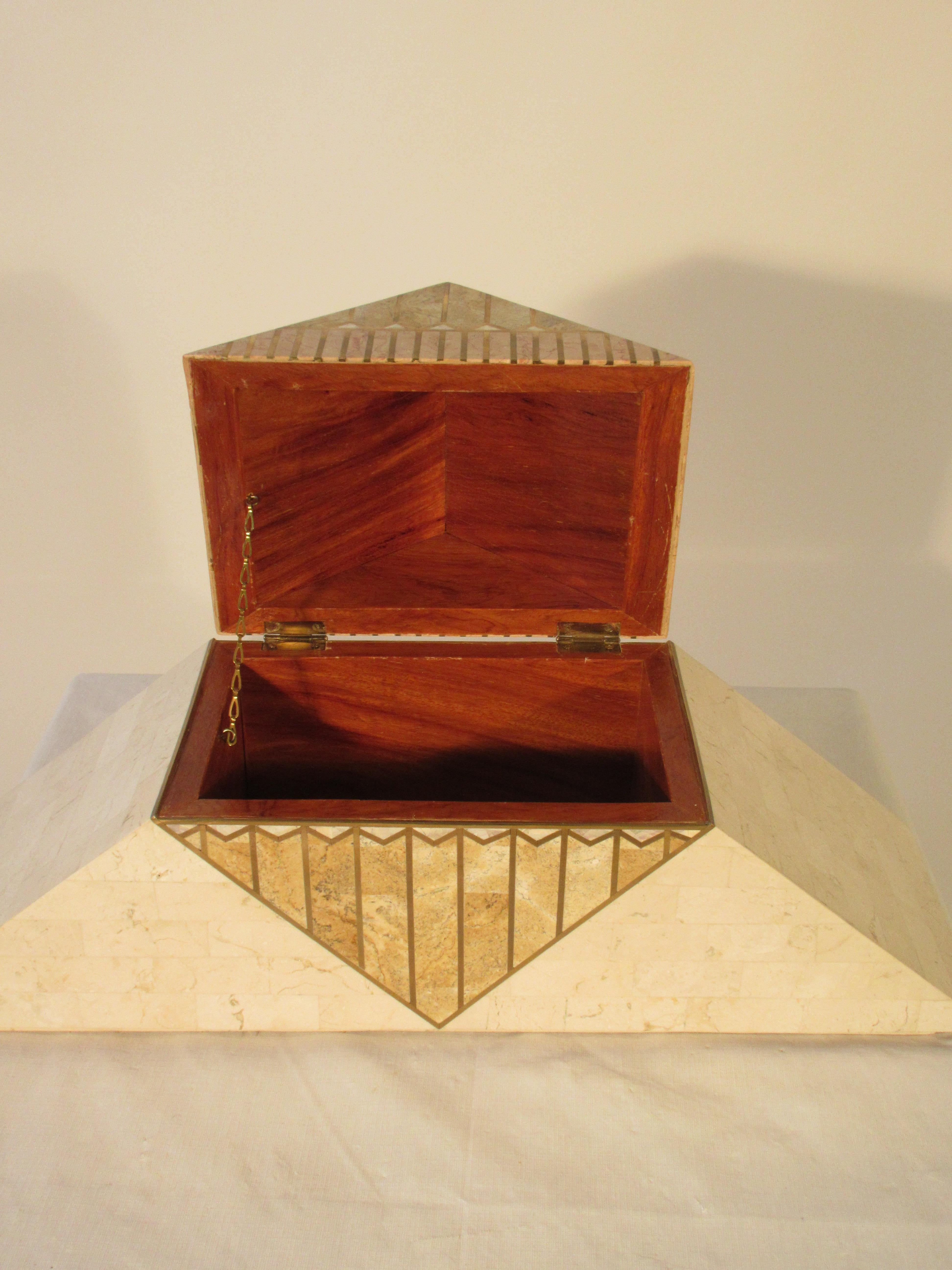 1980s Tessellated Stone With Brass Inlay Pyramid Shaped Box For Sale 3