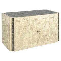 1980s Tessellated Travertine Marquetry and Brass Cabinet