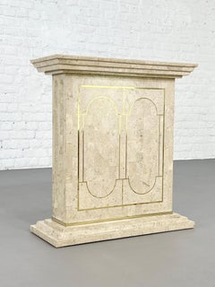 1980s Tessellated Travertine Marquetry and Brass Console Table With Mirror