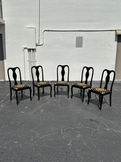 1980s Textile Versace Style Black and Gold Dining Chairs, Set of 5