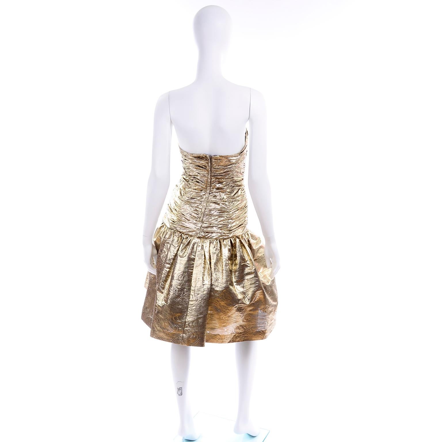 Brown 1980s Textured Gold Strapless Vintage Dress W Tulle underskirt & Ruched Bodice For Sale