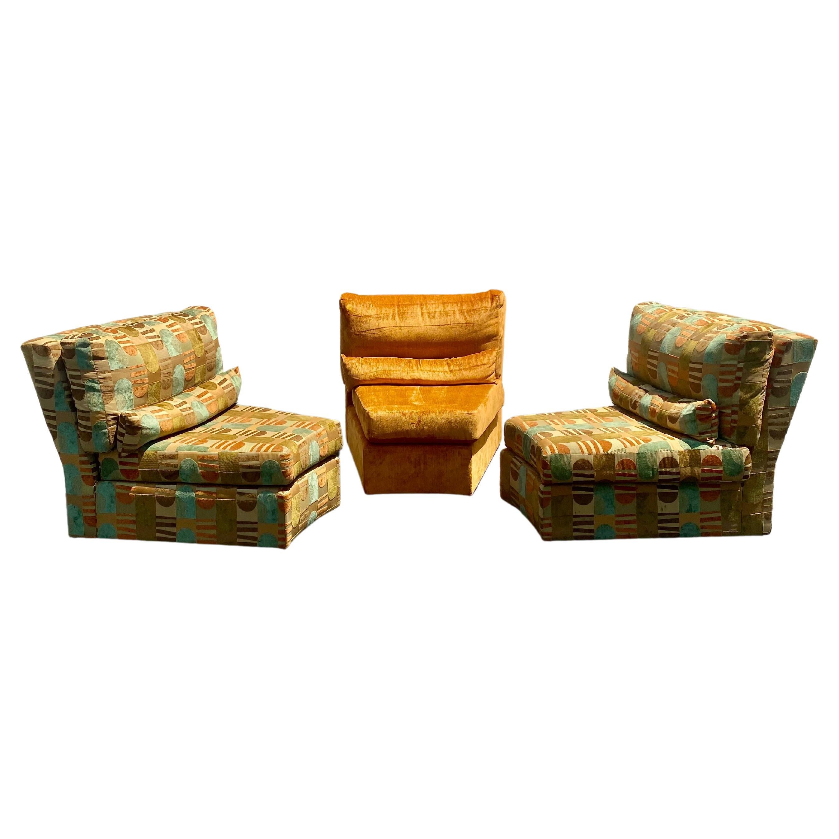 1980s Thayer Coggin Chenille Modular Curved Sectional Slipper Chairs  For Sale