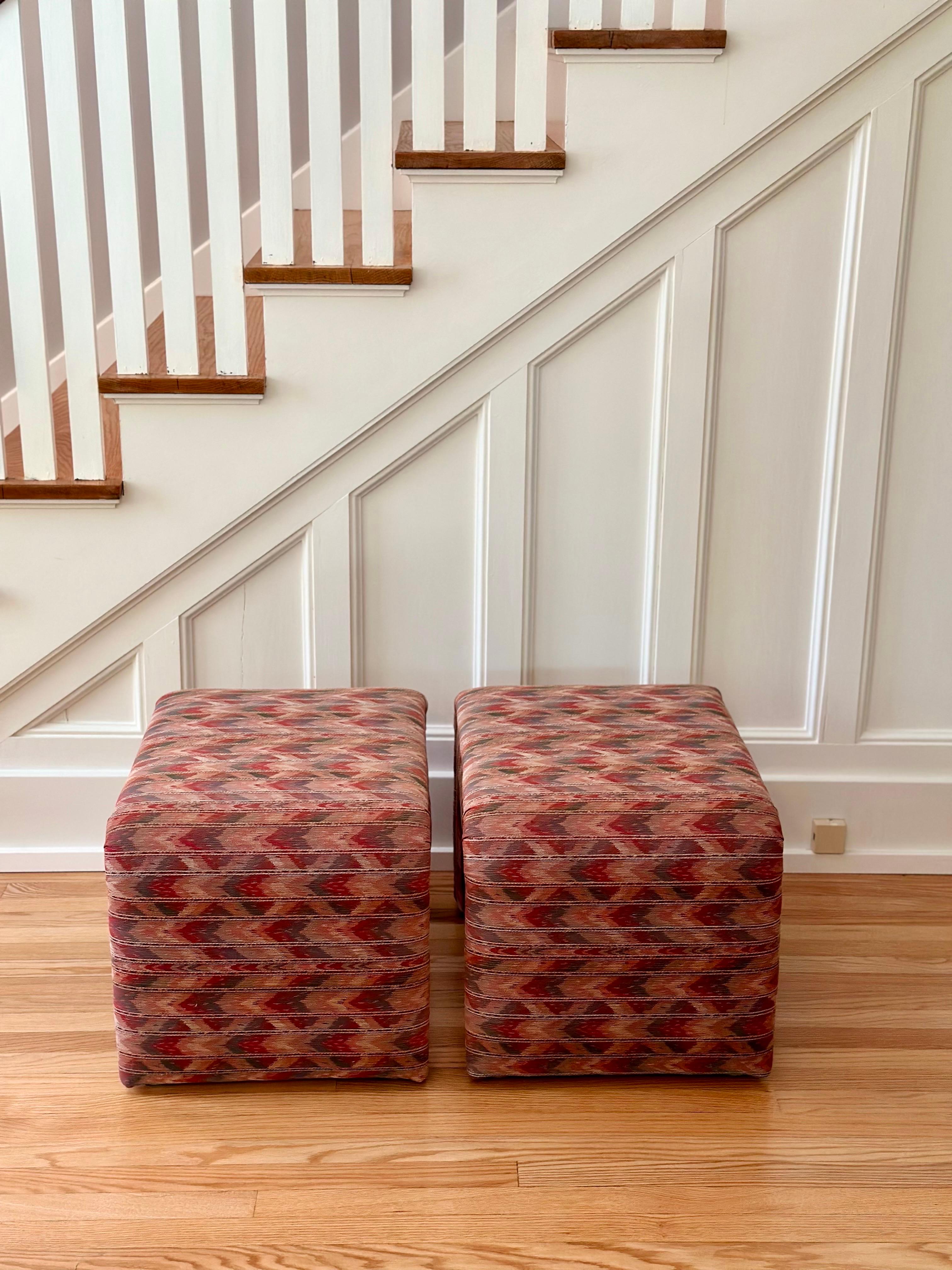 Mid-Century Modern 1980s Thayer Coggin Waterfall Zig Zag Pattern Upholstered Ottomans - a Pair
