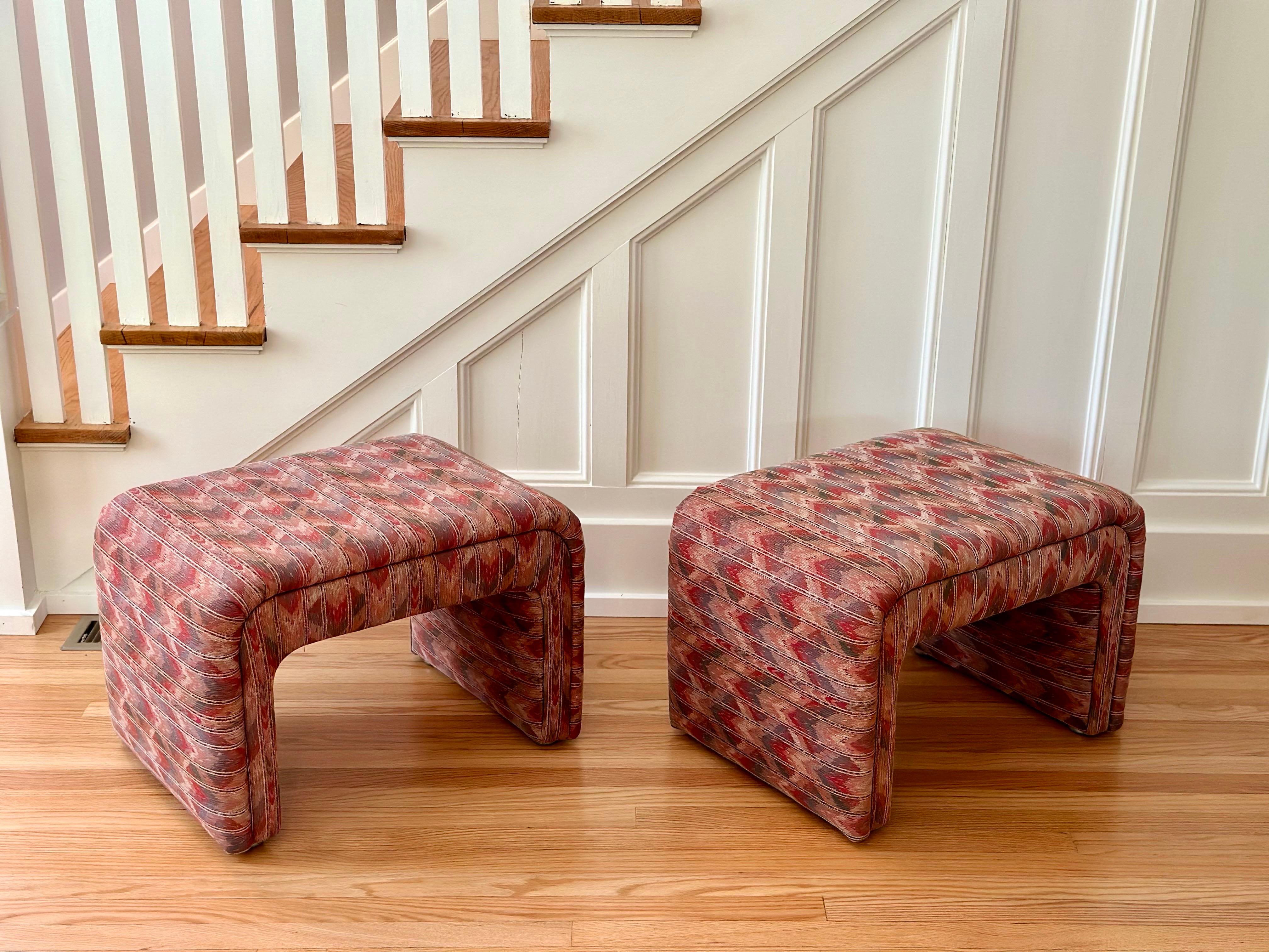 American 1980s Thayer Coggin Waterfall Zig Zag Pattern Upholstered Ottomans - a Pair