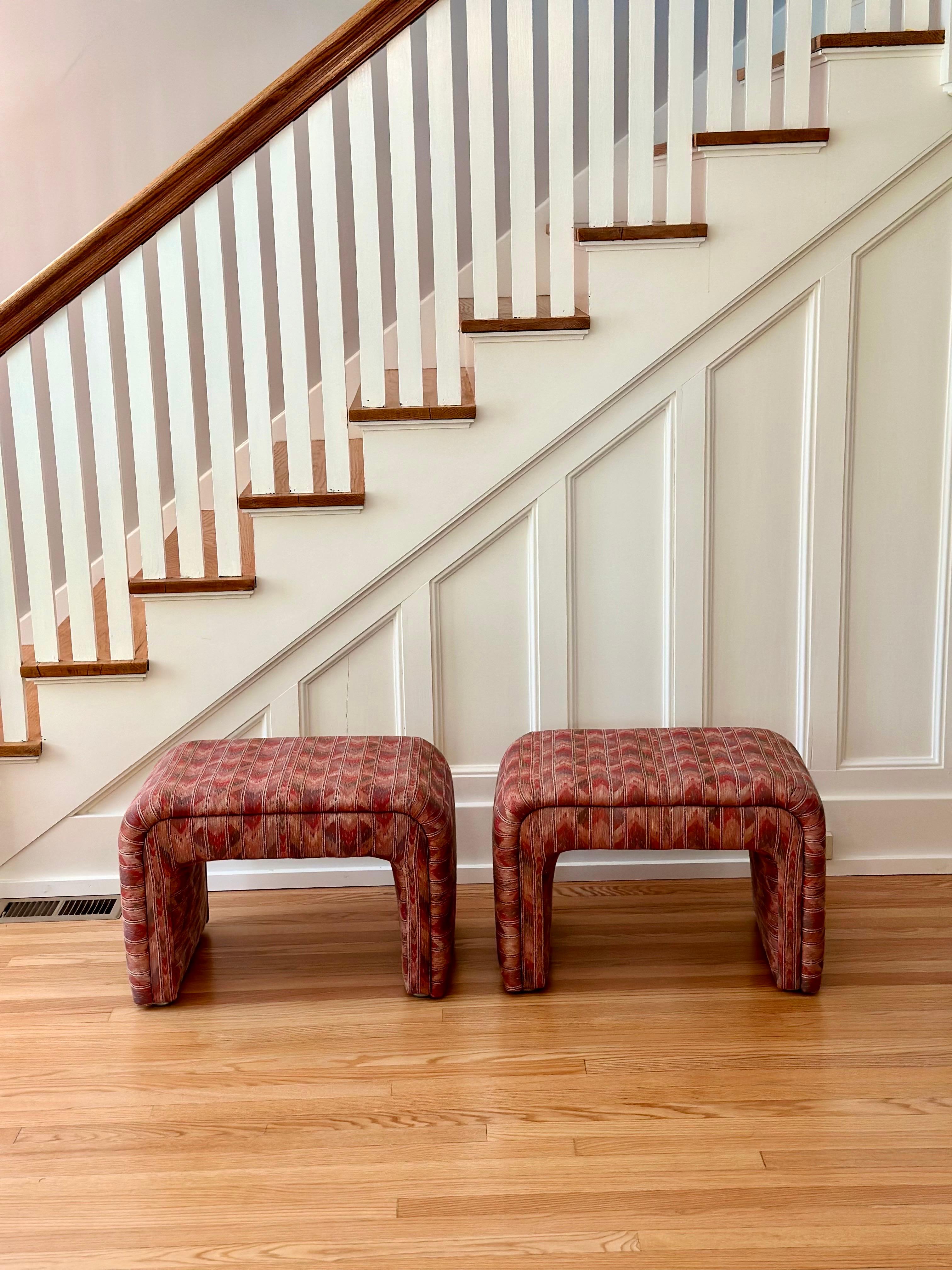 Fabric 1980s Thayer Coggin Waterfall Zig Zag Pattern Upholstered Ottomans - a Pair For Sale
