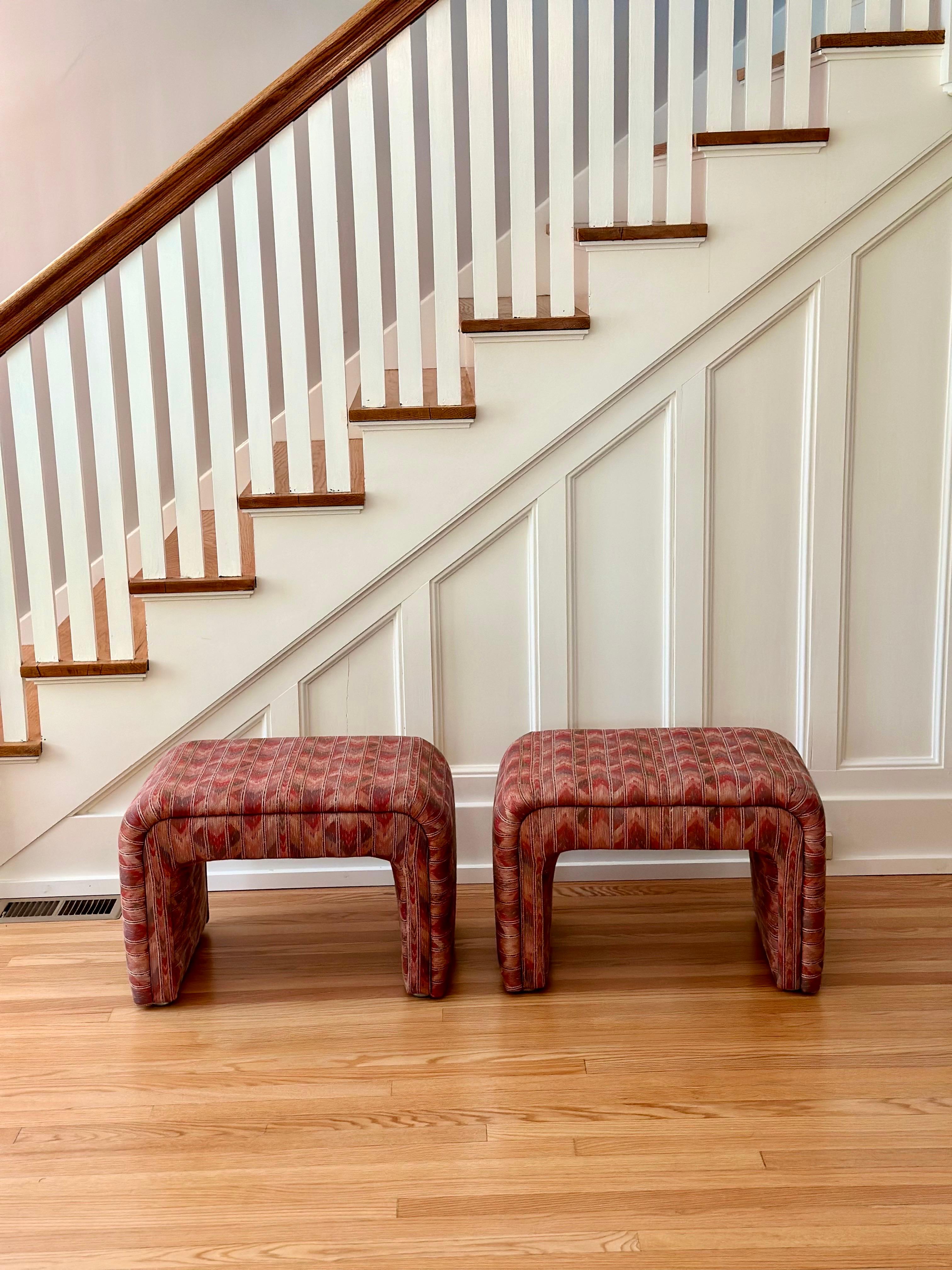 Fabric 1980s Thayer Coggin Waterfall Zig Zag Pattern Upholstered Ottomans - a Pair