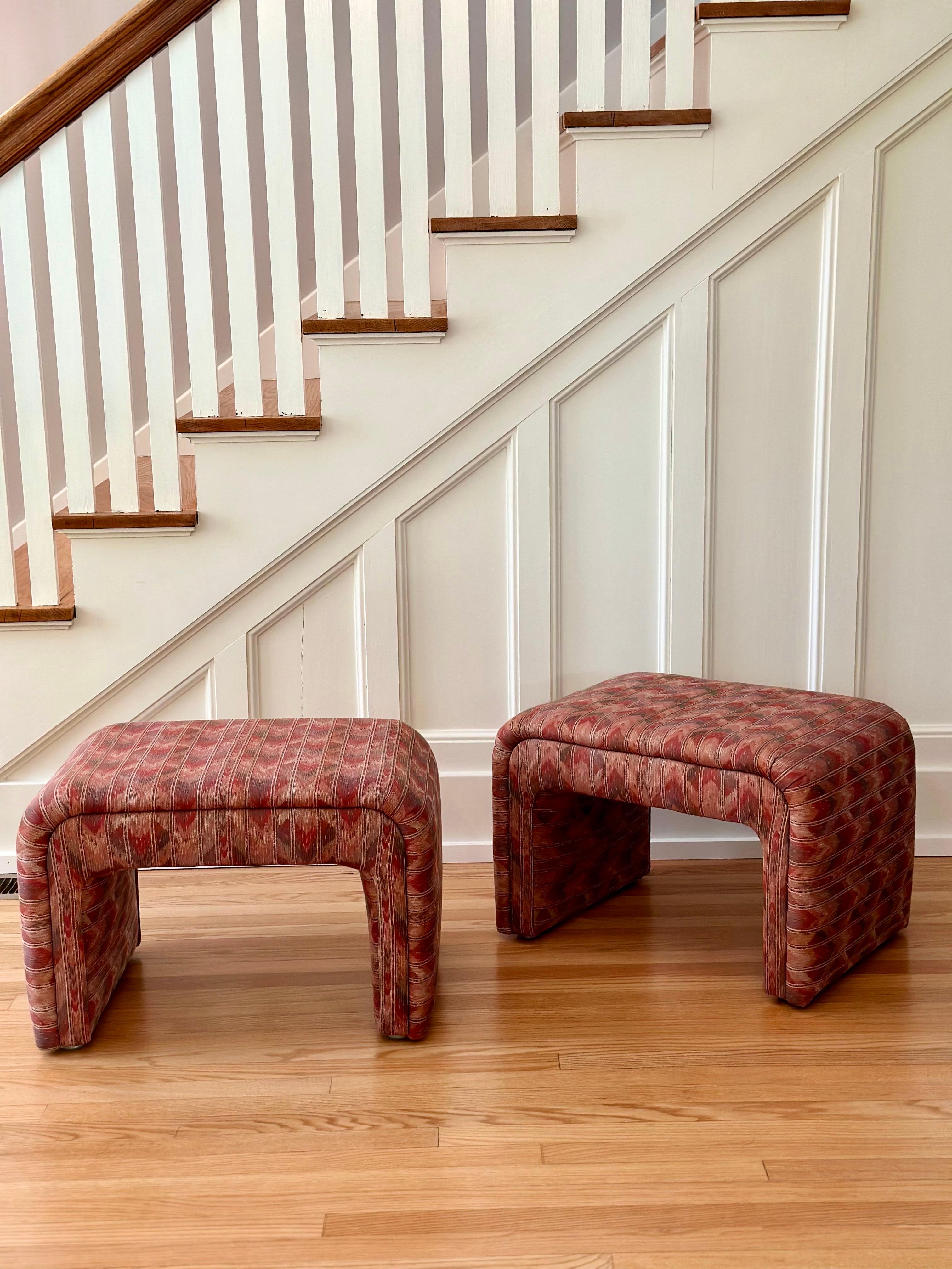 1980s Thayer Coggin Waterfall Zig Zag Pattern Upholstered Ottomans - a Pair 1