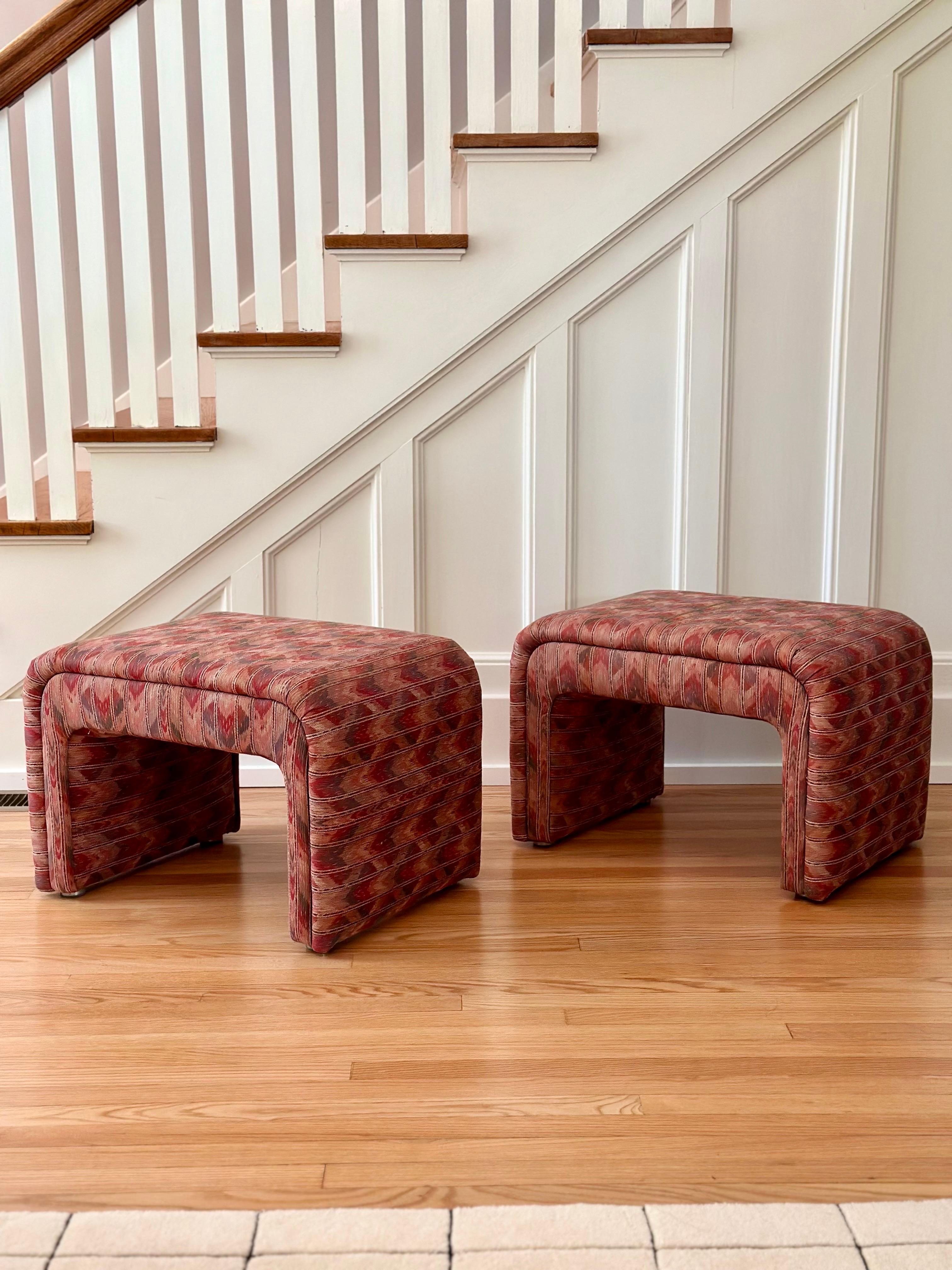 1980s Thayer Coggin Waterfall Zig Zag Pattern Upholstered Ottomans - a Pair 2
