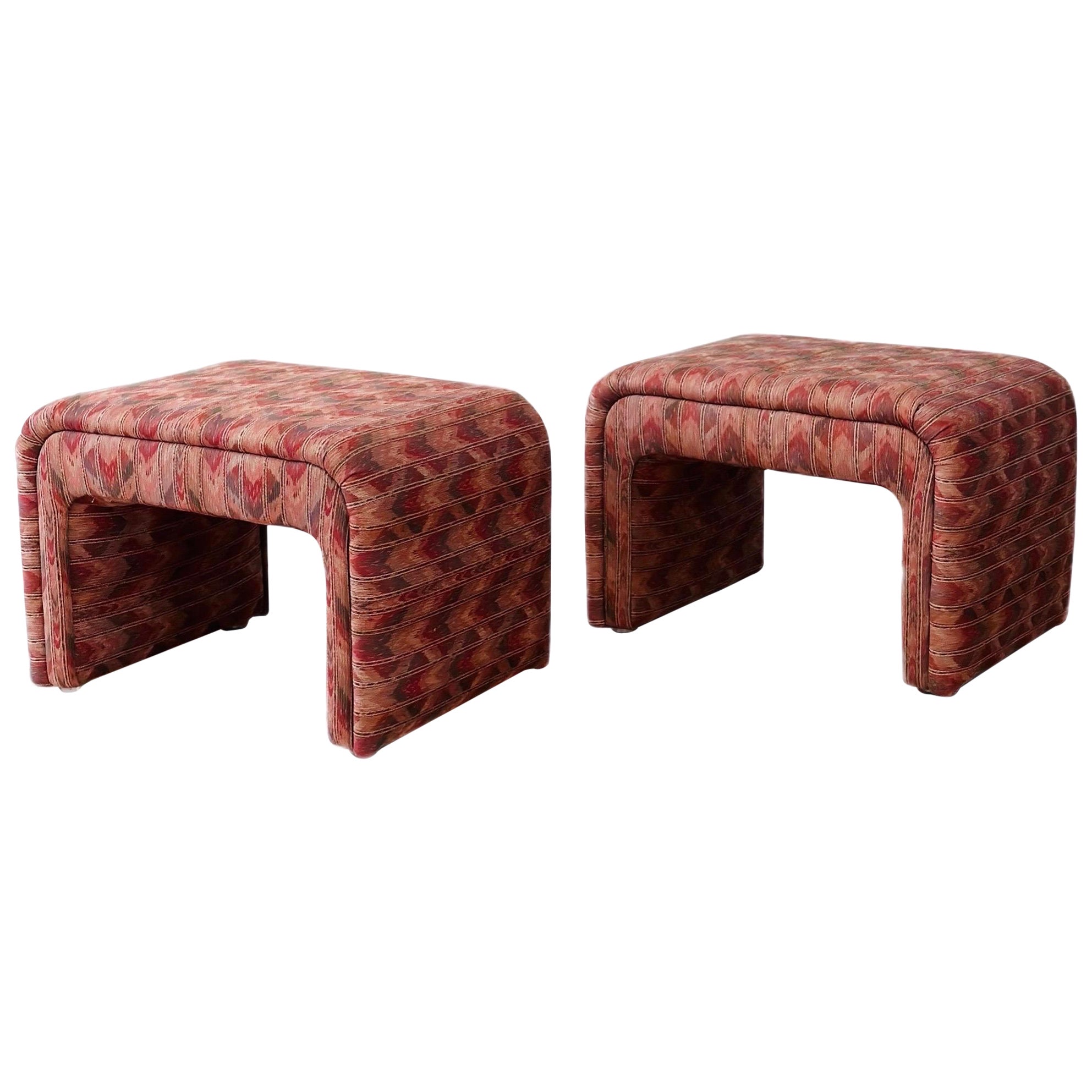 1980s Thayer Coggin Waterfall Zig Zag Pattern Upholstered Ottomans - a Pair